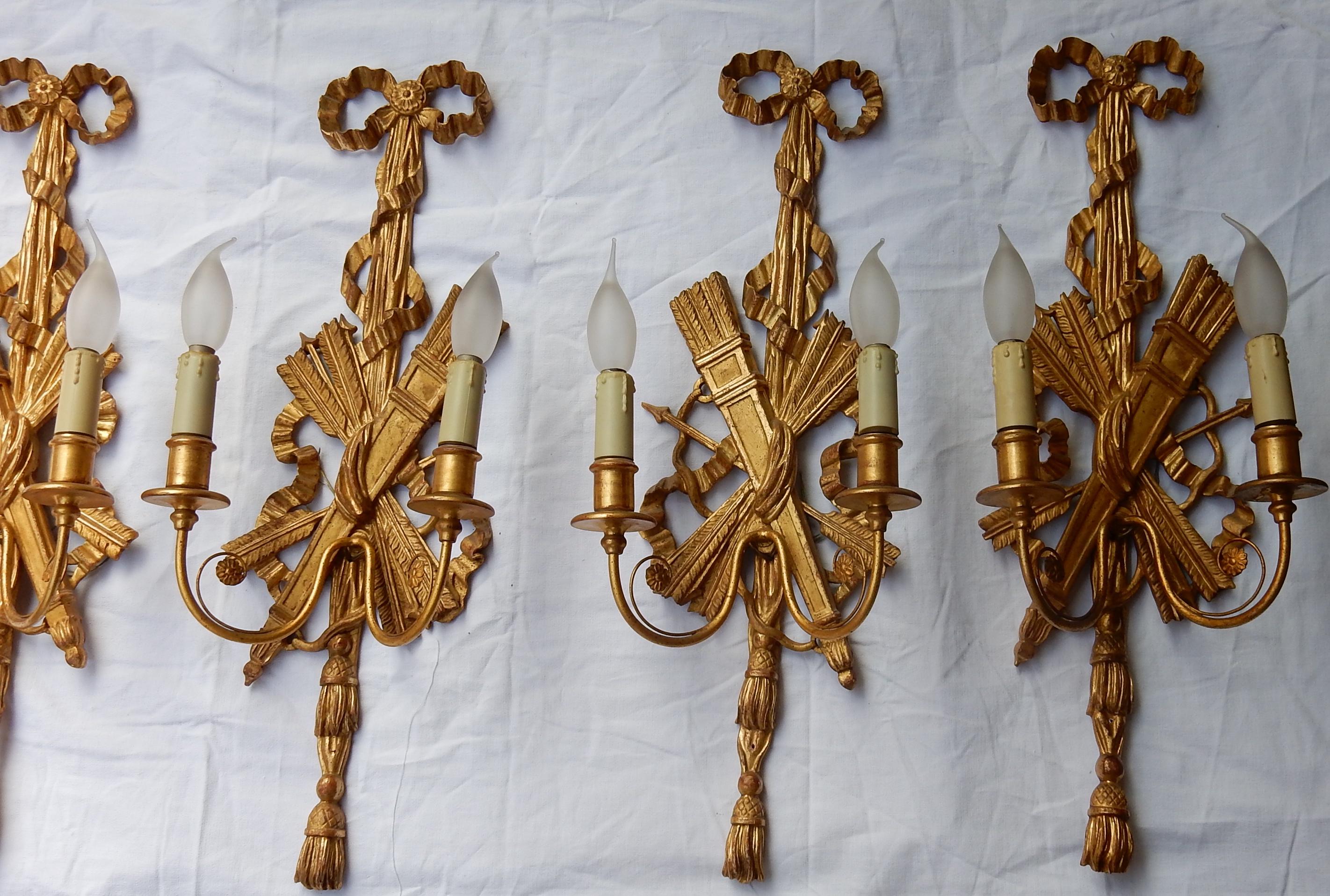 Gilt 2 Pair of Sconces, Golden Wood and Golden Iron Attributes with Arrows, 1950-1970 For Sale
