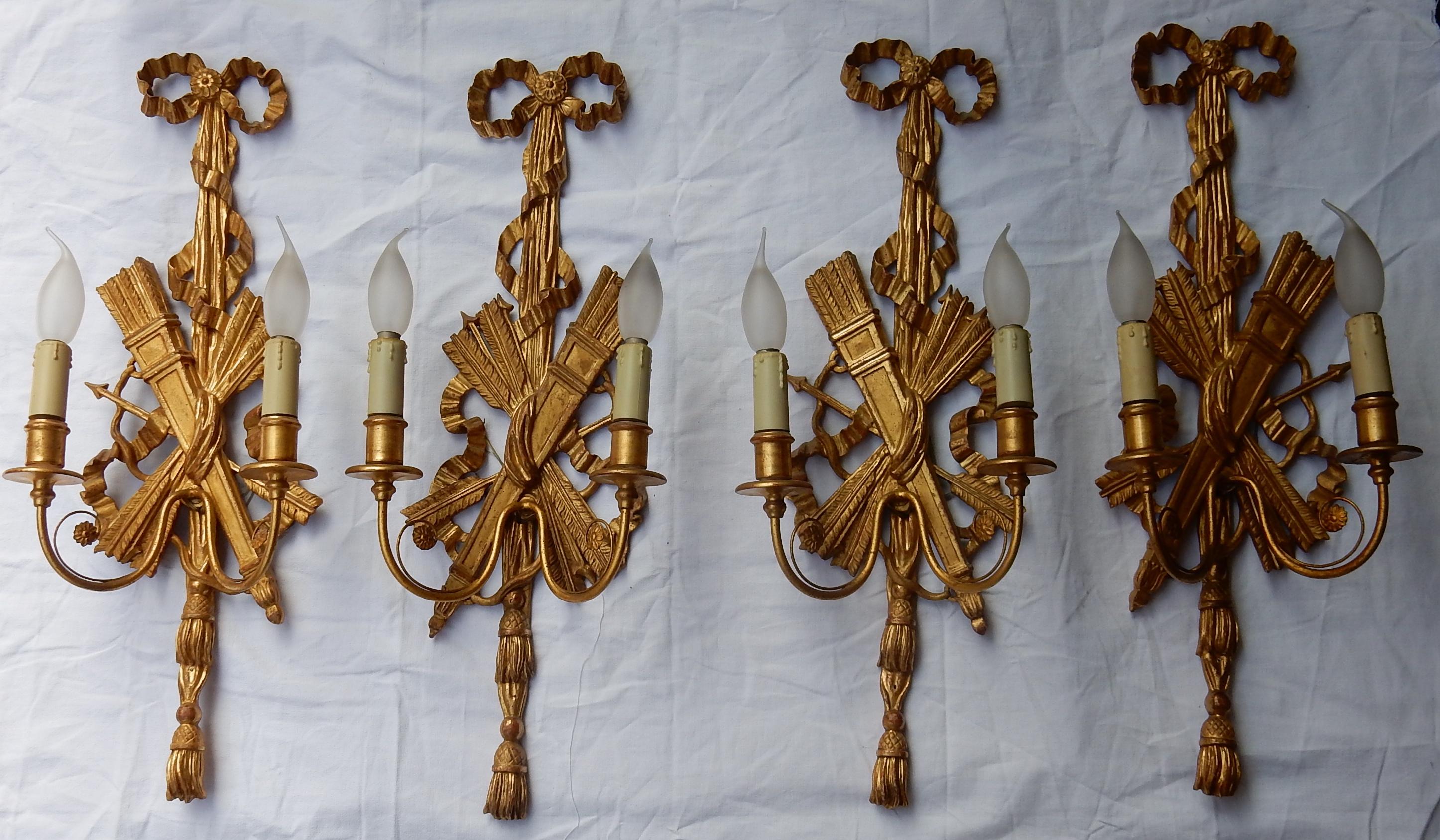 Late 20th Century 2 Pair of Sconces, Golden Wood and Golden Iron Attributes with Arrows, 1950-1970 For Sale