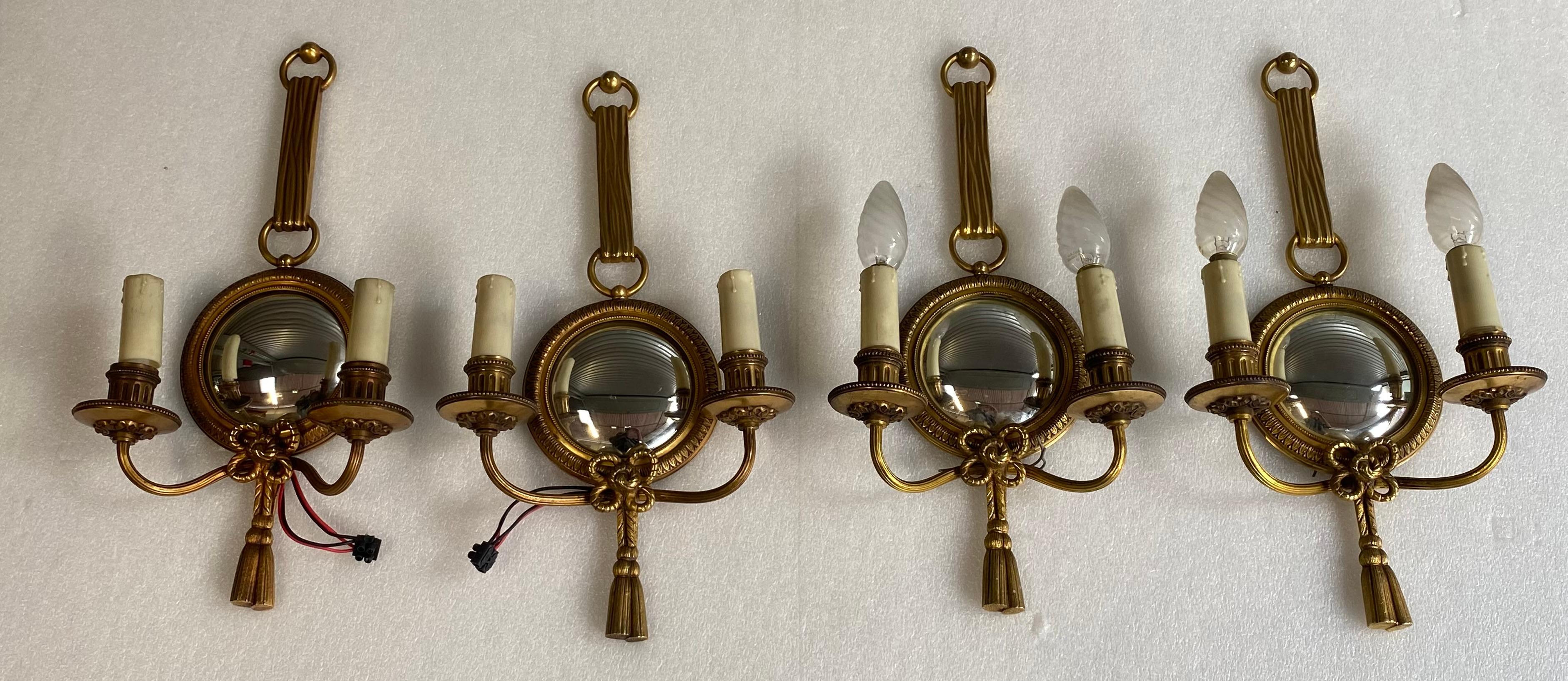 Art Deco 1950/70′ 2 Pairs of Sconces in Gilted Bronze With Convex Mirror Petitot Signed For Sale