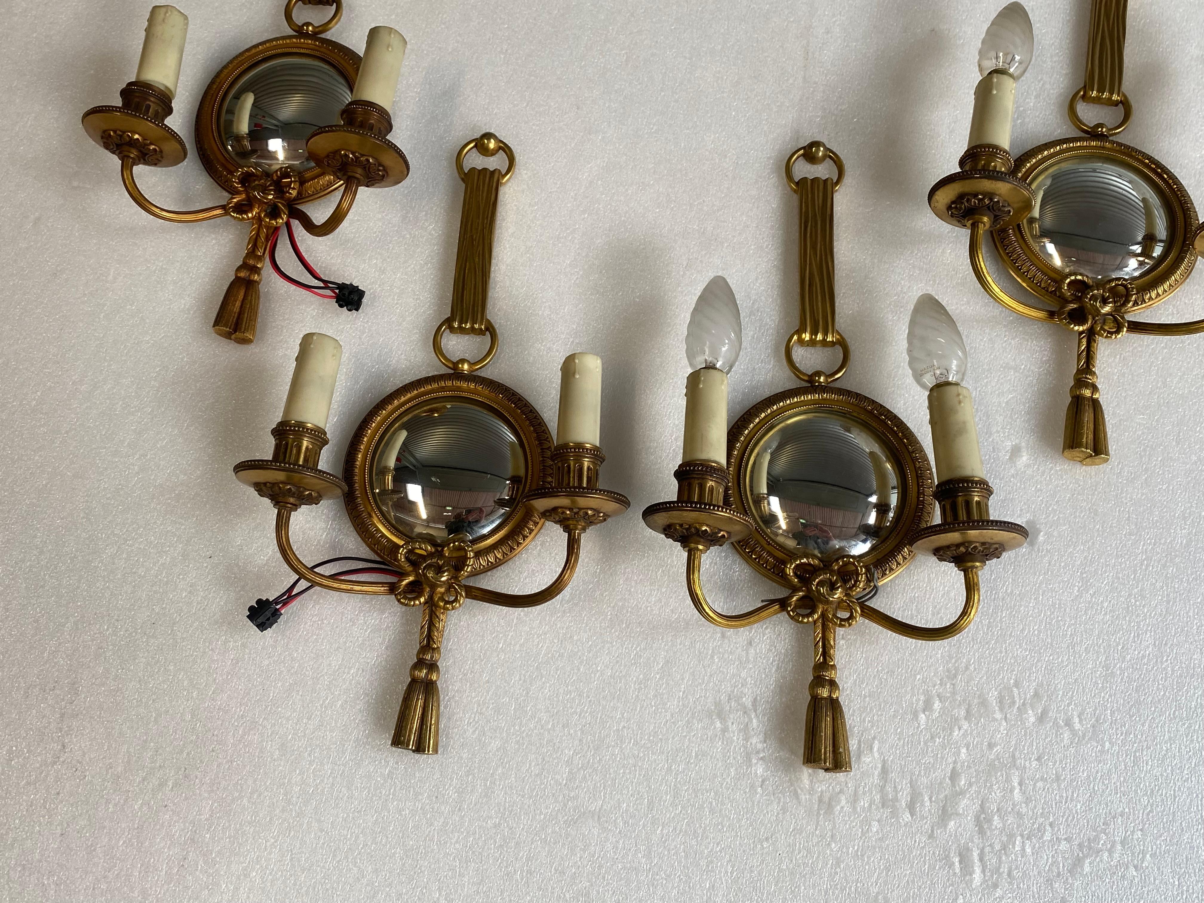 French 1950/70′ 2 Pairs of Sconces in Gilted Bronze With Convex Mirror Petitot Signed For Sale