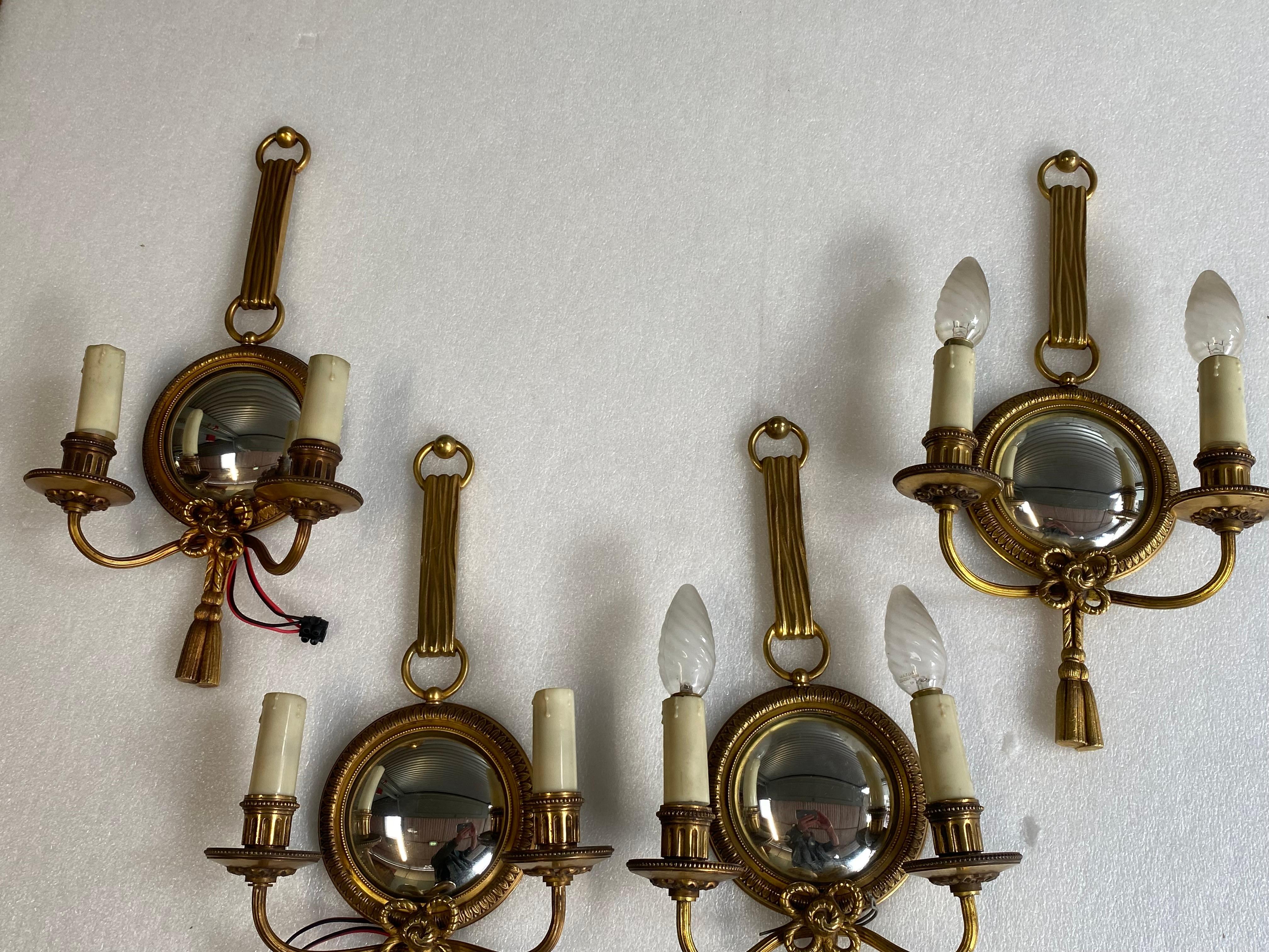 1950/70′ 2 Pairs of Sconces in Gilted Bronze With Convex Mirror Petitot Signed In Good Condition For Sale In Paris, FR