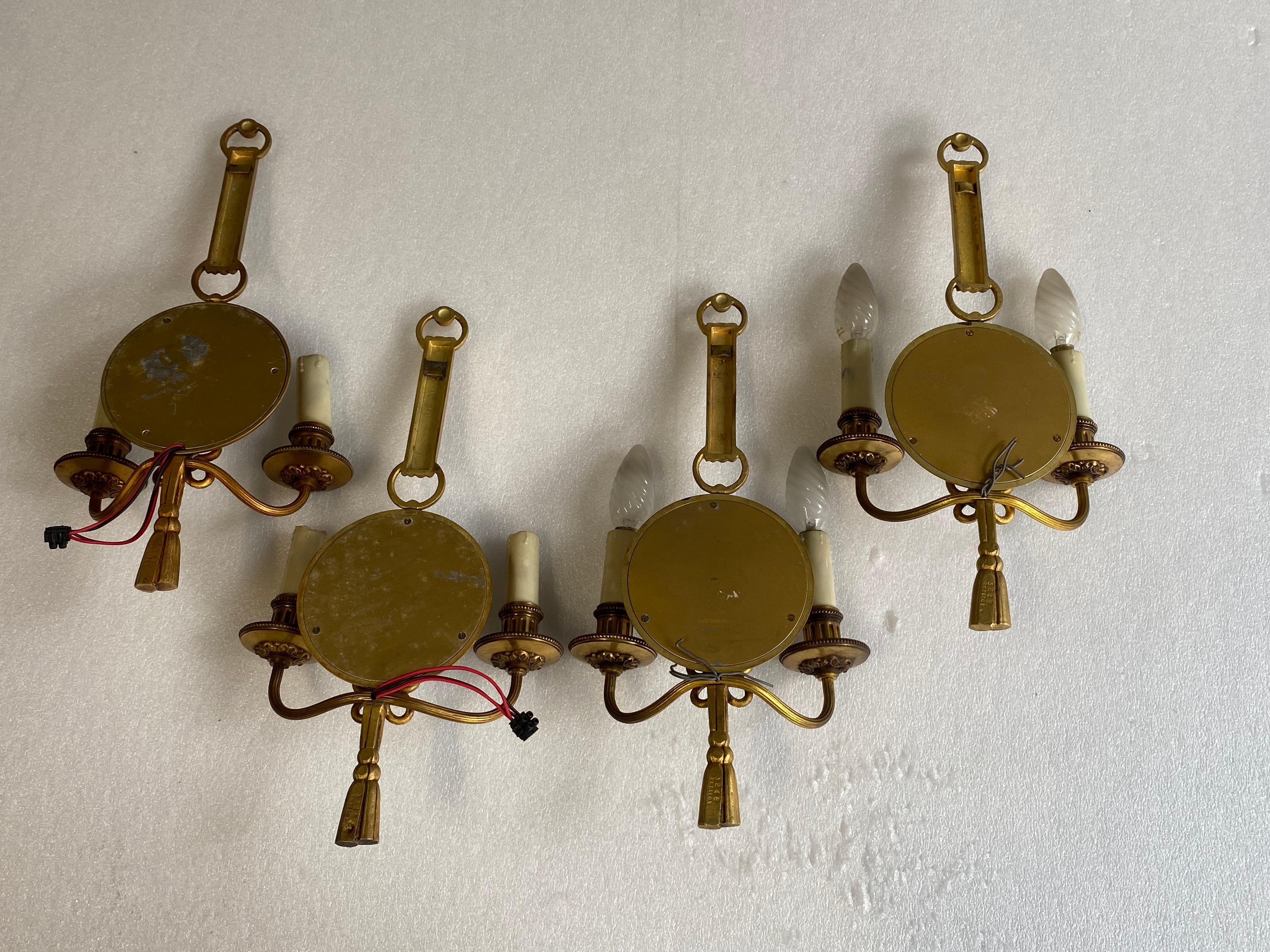 1950/70′ 2 Paires d'appliques en bronze doré avec miroir convexe Petitot signé. Bon état - En vente à Paris, FR