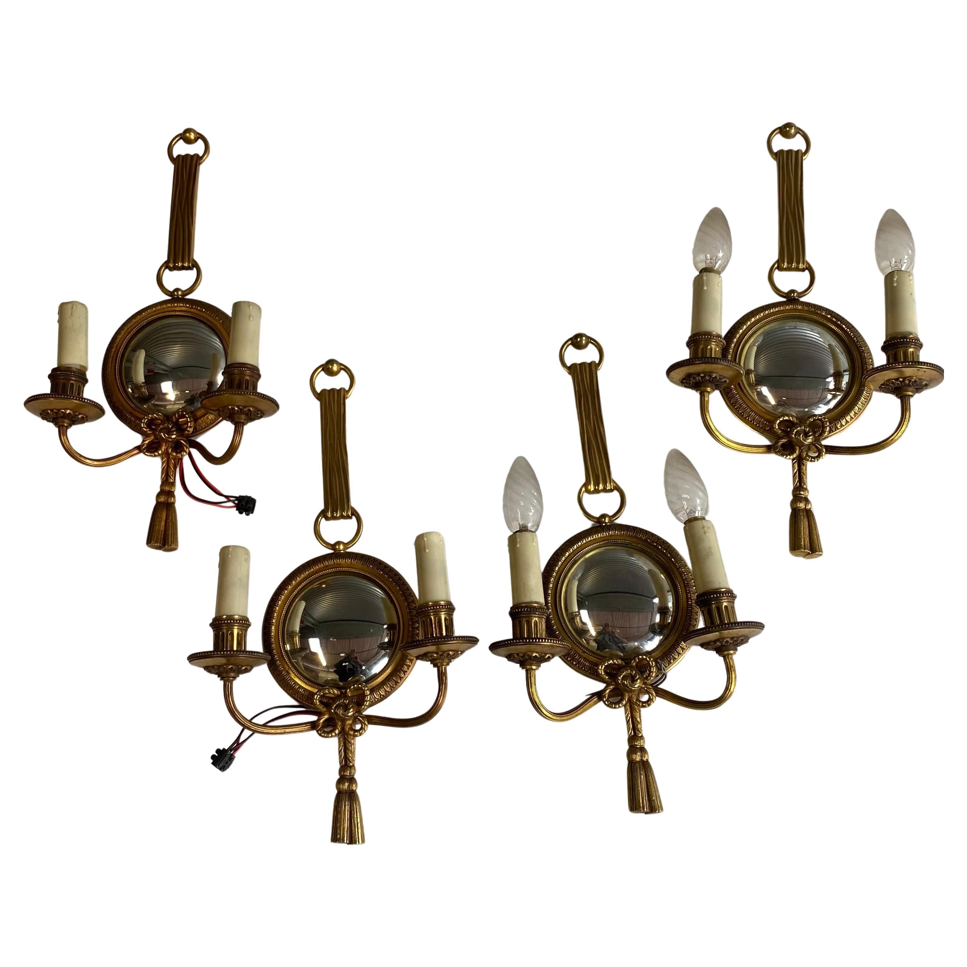 1950/70′ 2 Pairs of Sconces in Gilted Bronze With Convex Mirror Petitot Signed