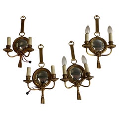 1950/70′ 2 Pairs of Sconces in Gilted Bronze With Convex Mirror Petitot Signed