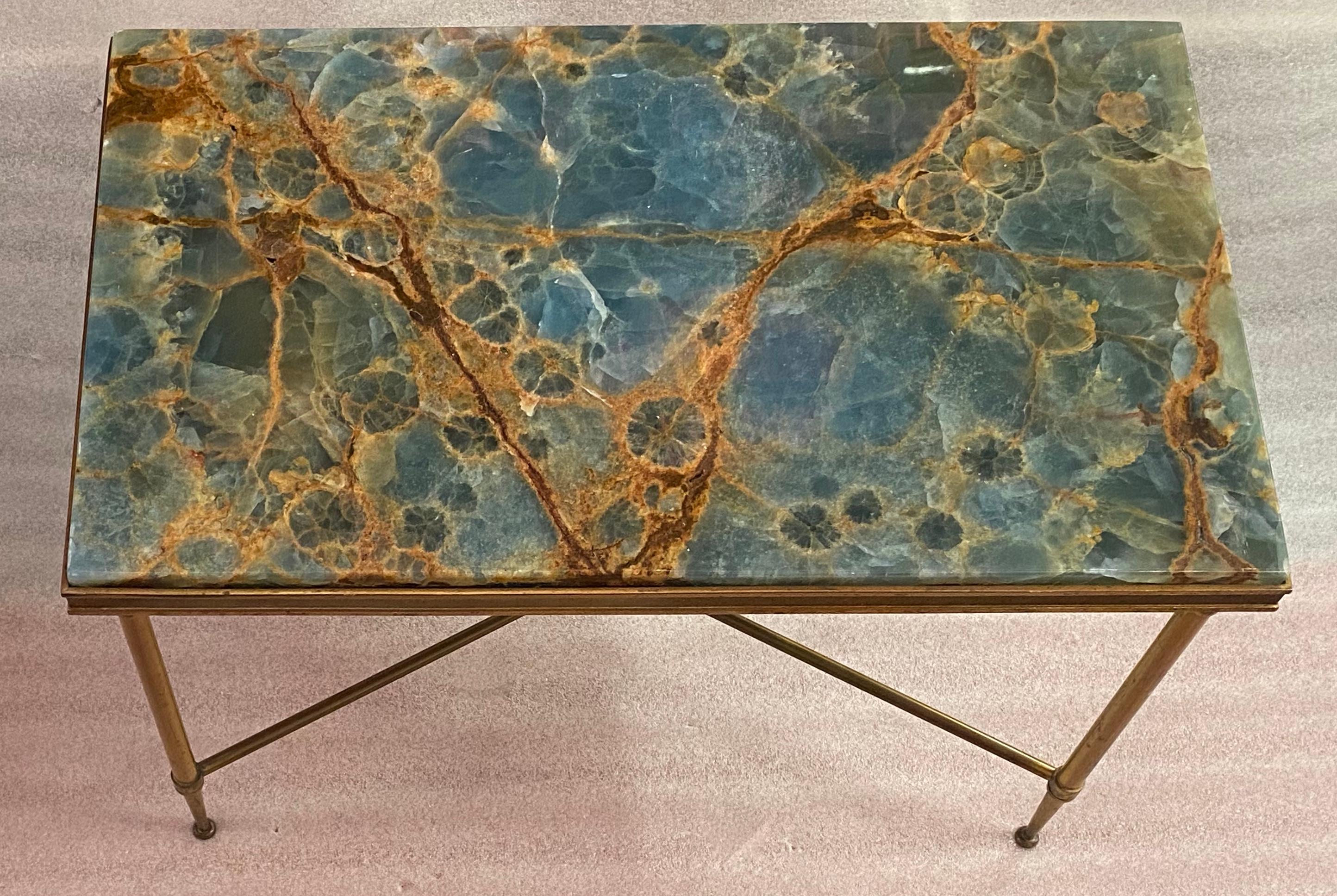 1950/70′ Bronze Side Table, Blue Marble and Rust Tray Maison Charles Signed For Sale 2