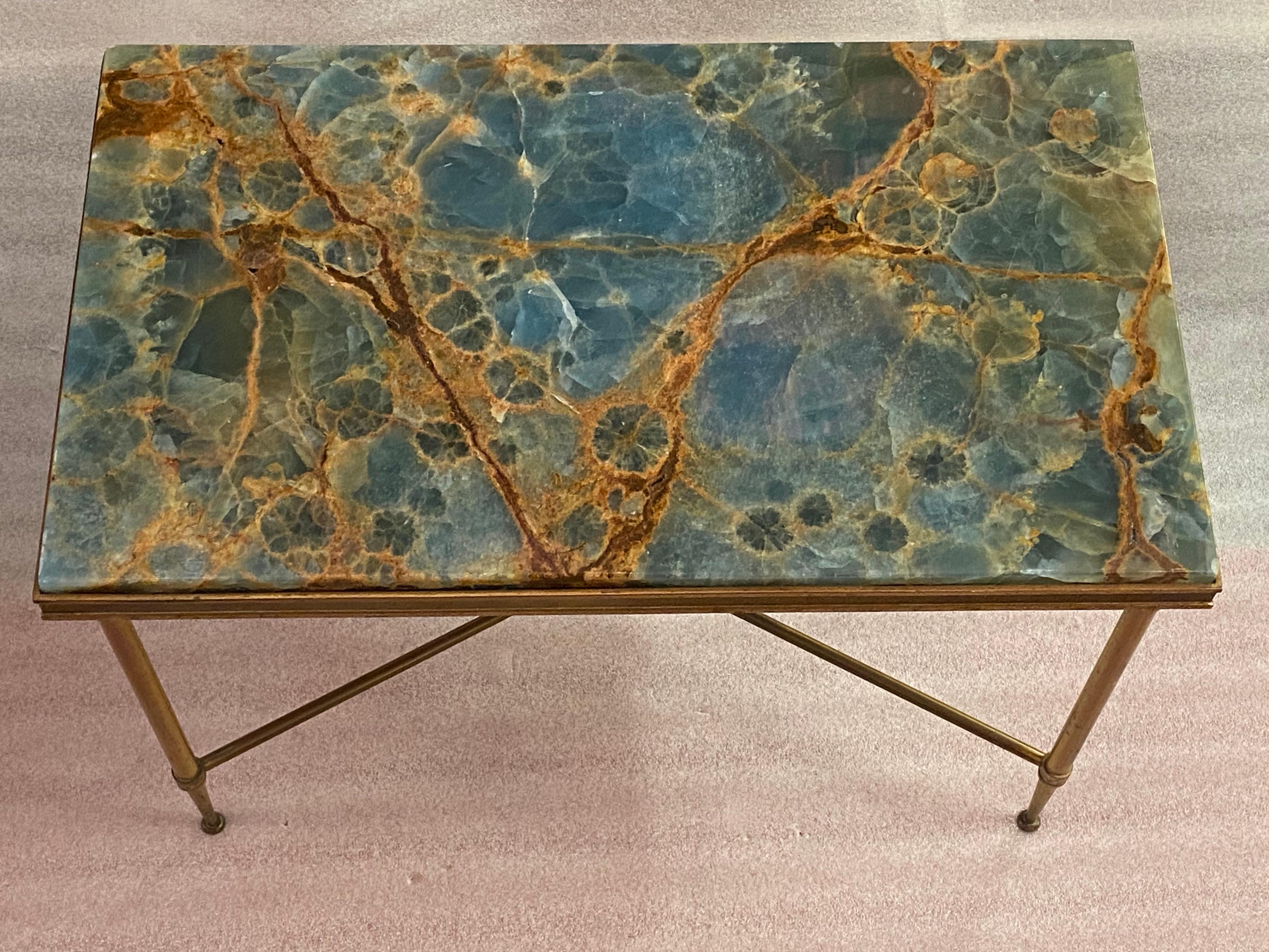 Bronze 1950/70′ Table d'appoint en bronze, marbre bleu et plateau rouille Maison Charles Signée. en vente