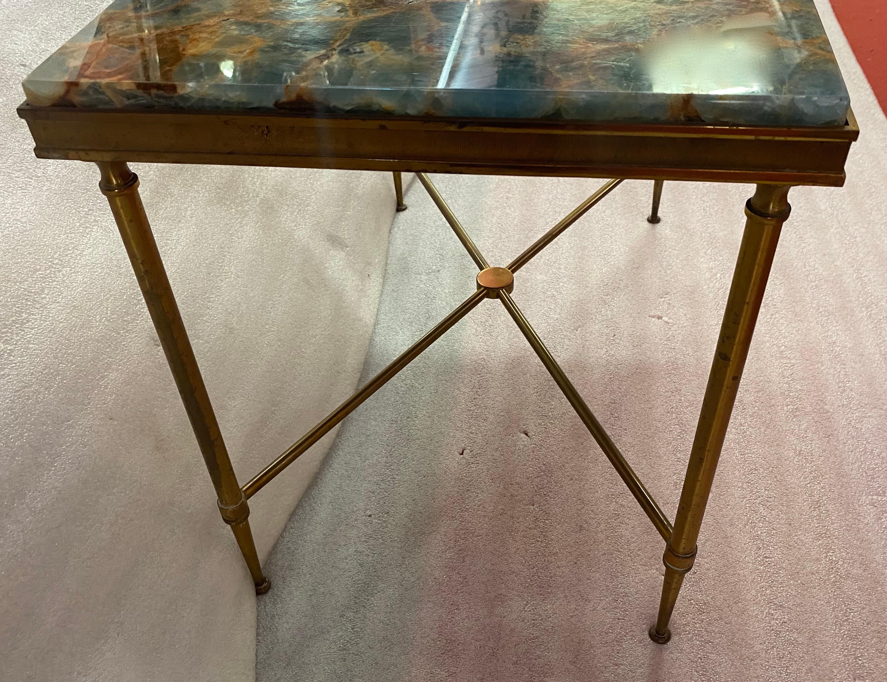 1950/70′ Bronze Side Table, Blue Marble and Rust Tray Maison Charles Signed For Sale 5