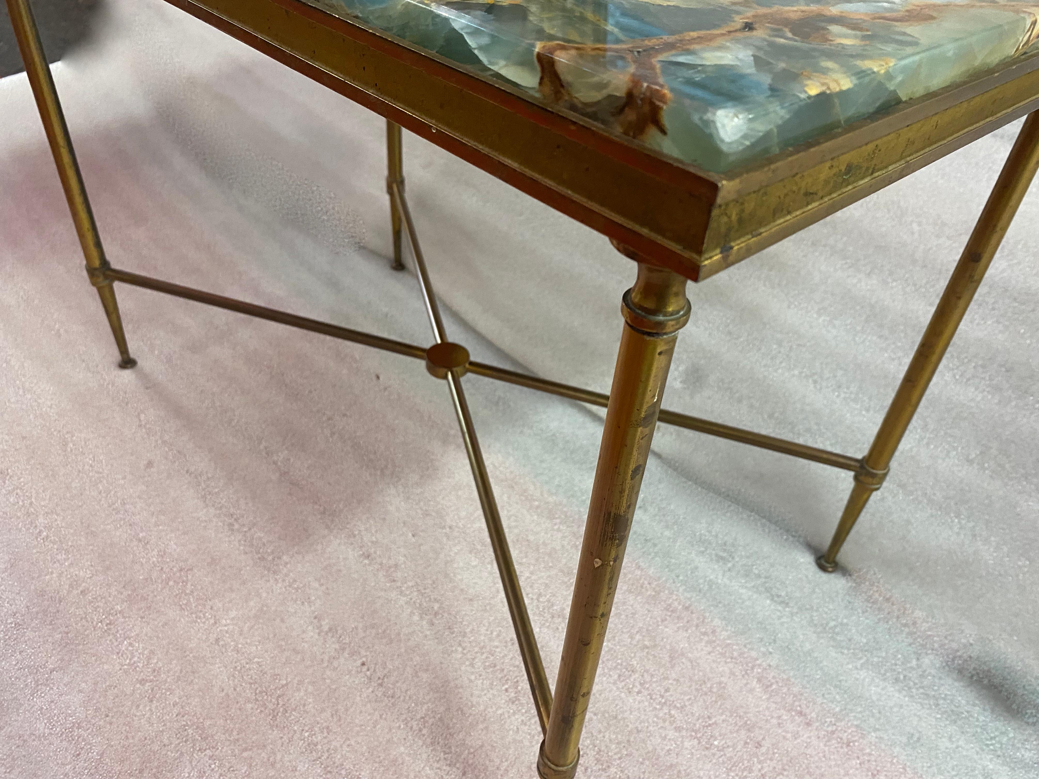 1950/70′ Bronze Side Table, Blue Marble and Rust Tray Maison Charles Signed For Sale 7