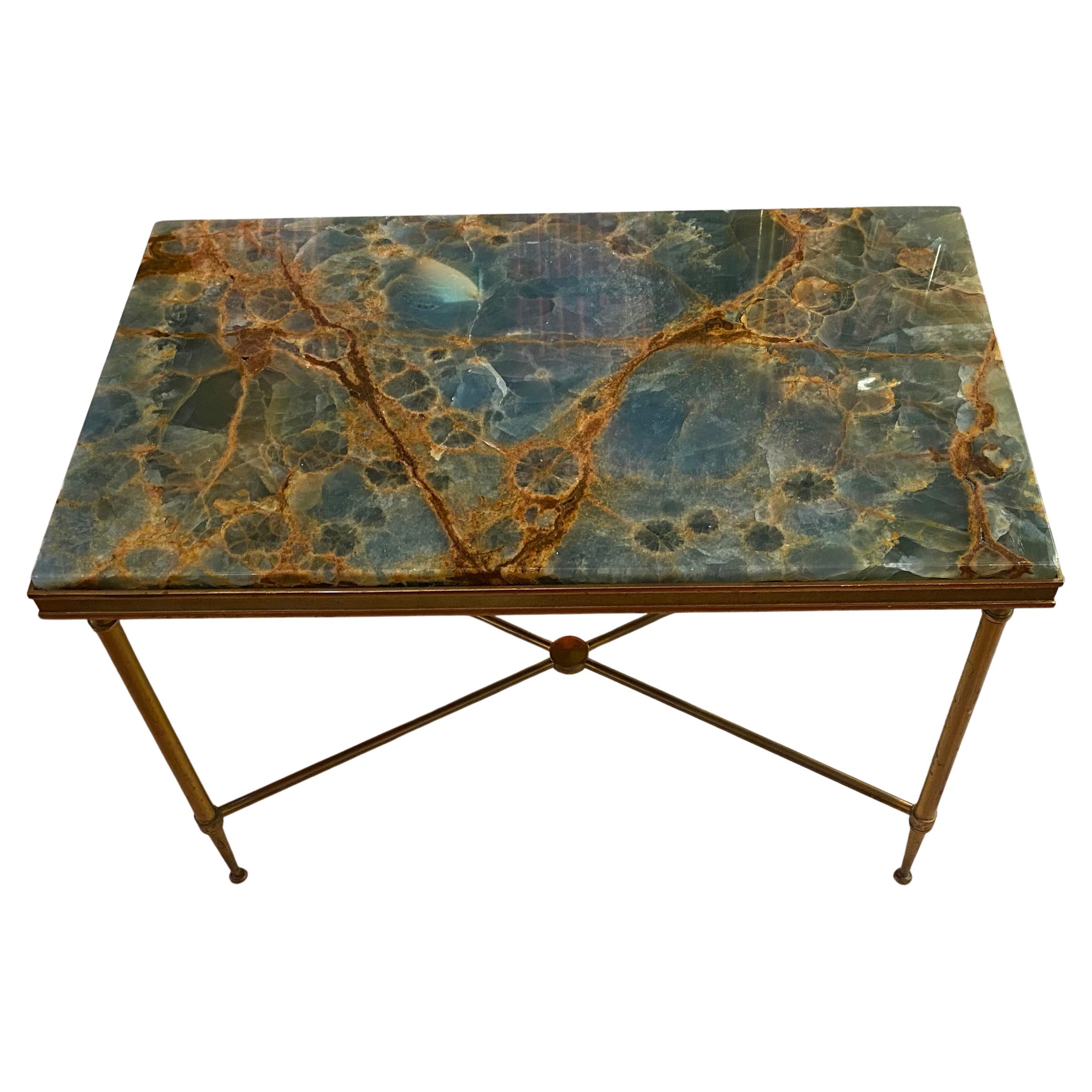 1950/70′ Table d'appoint en bronze, marbre bleu et plateau rouille Maison Charles Signée.
