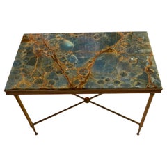 1950/70′ Bronze Side Table, Blue Marble and Rust Tray Maison Charles Signed