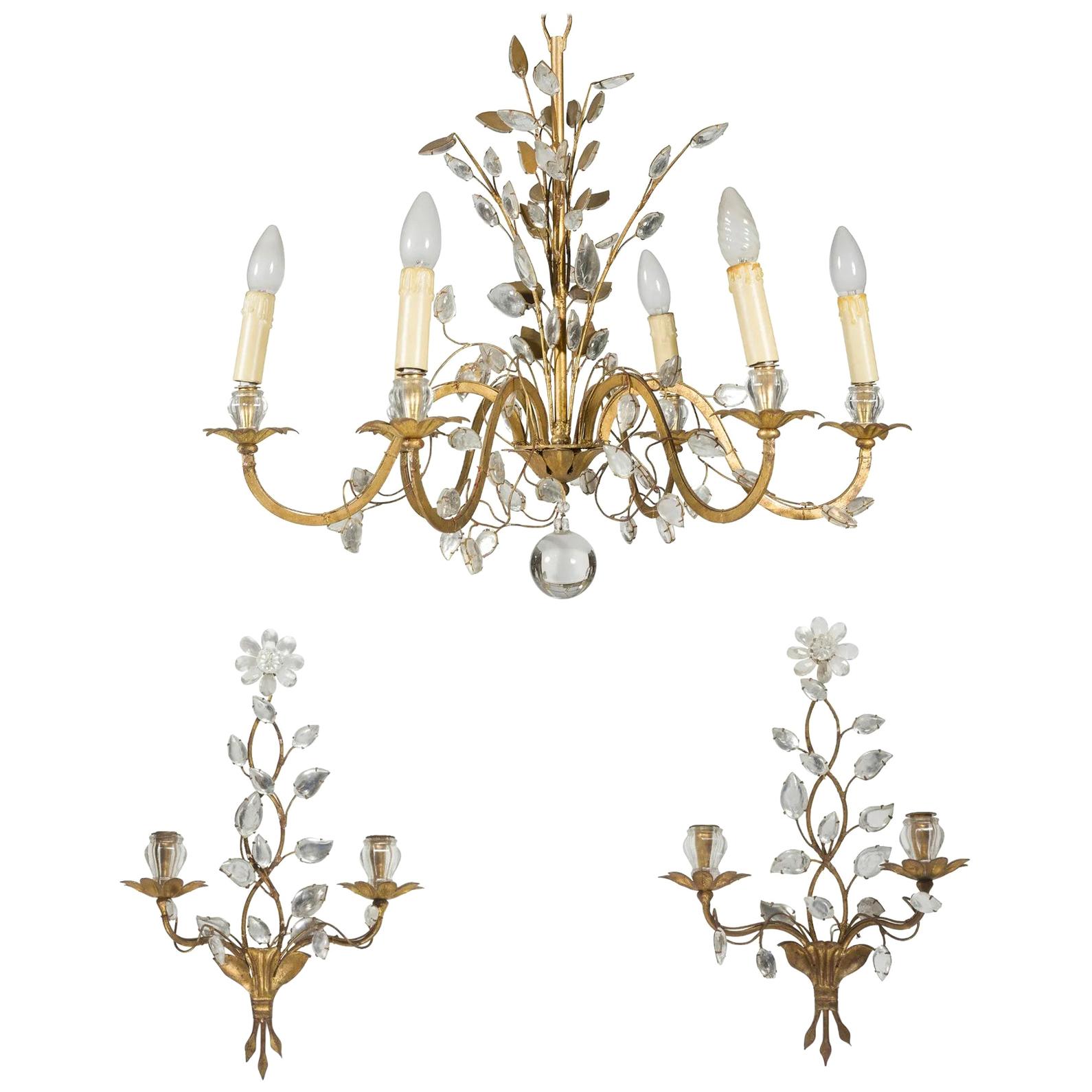 1950-1970 Chandelier and Pair of Walls Sconces Maison Baguès Foliage and Flowers