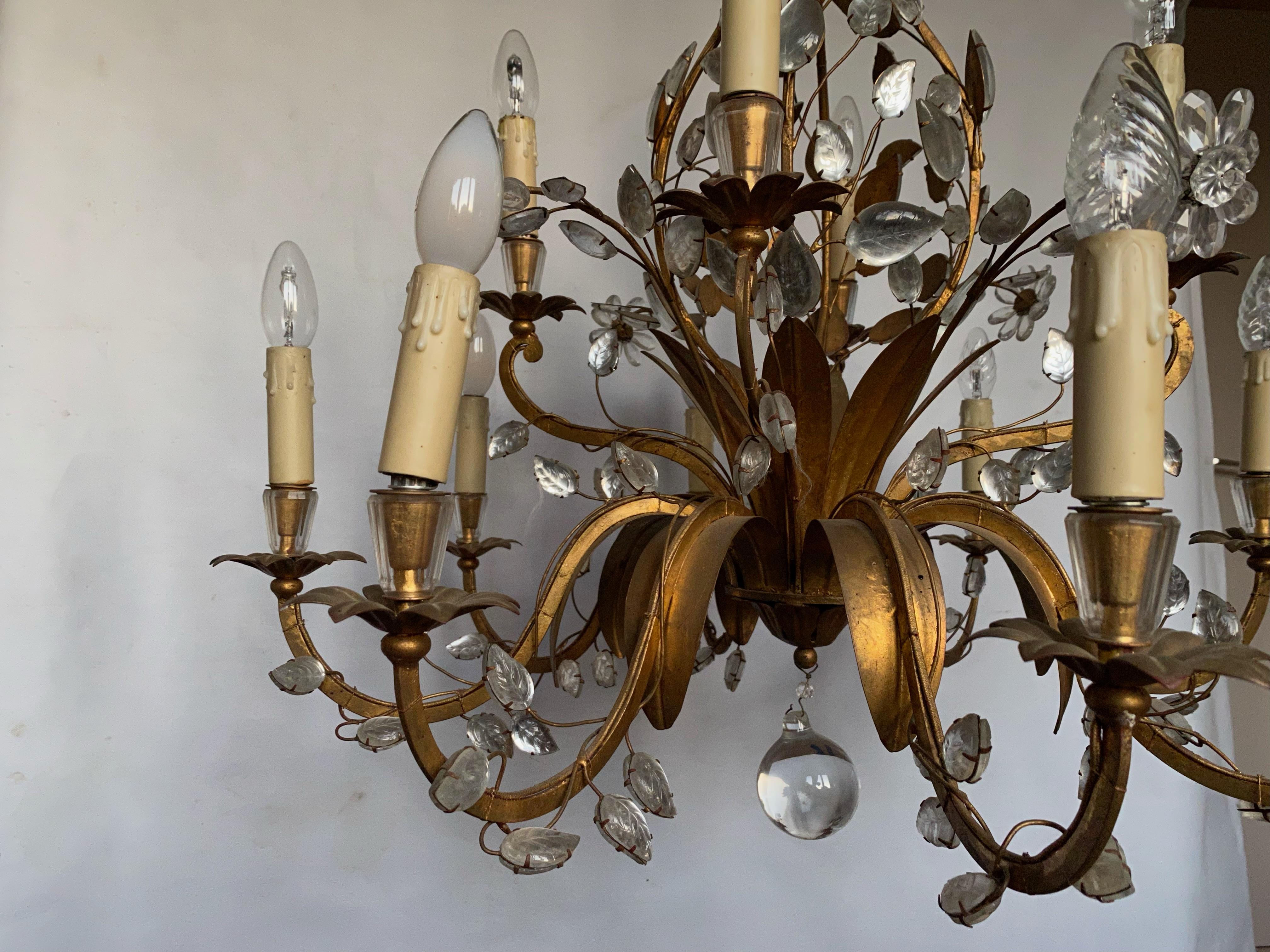 Patinated  Chandelier Maison Baguès Foliage and Flowers 12 Lights, 1950-1970 For Sale