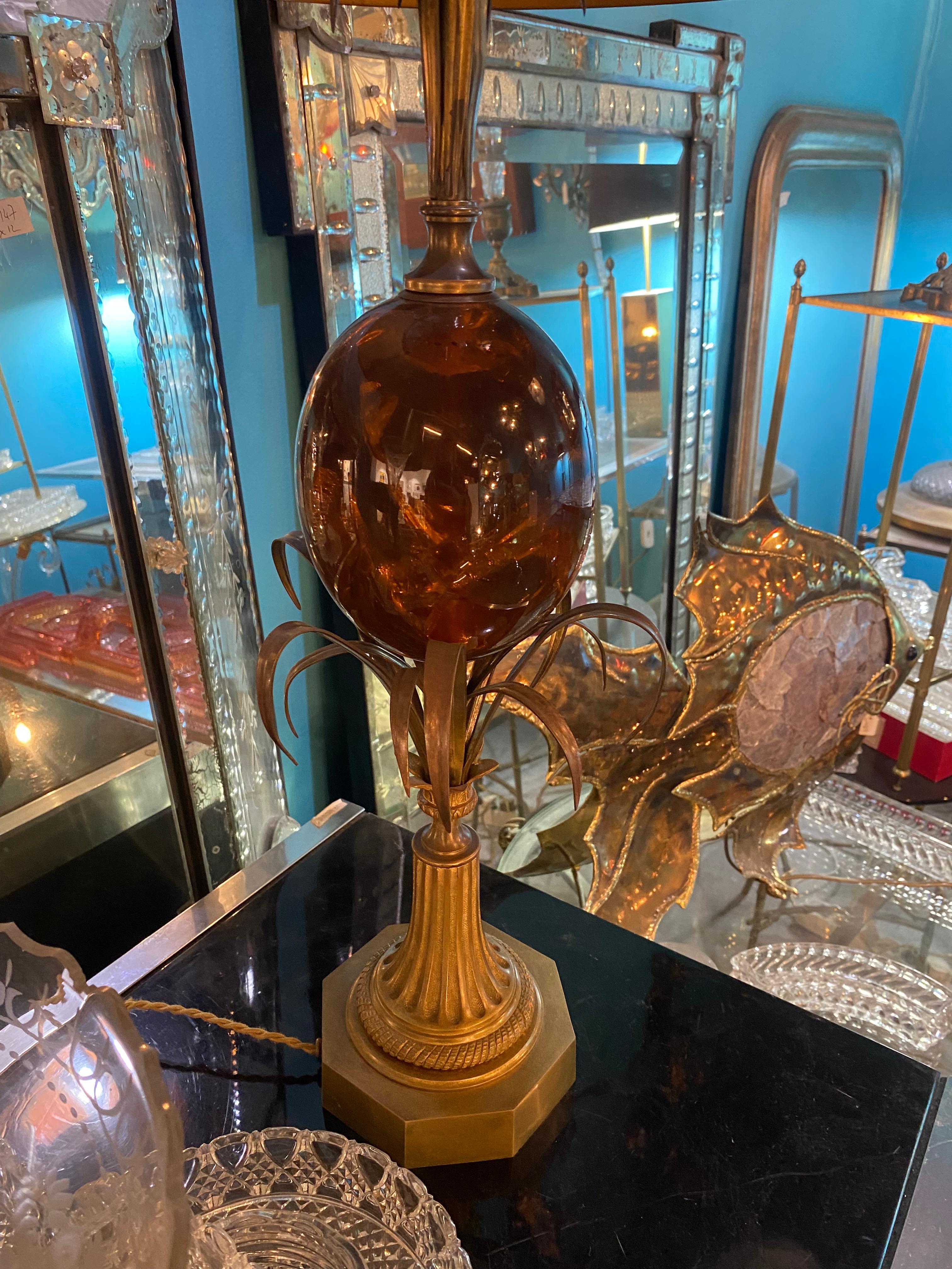 1950/70 Pair of Bronze Lamps and Egg Amber Way Signed Charles With Brass Shade For Sale 5