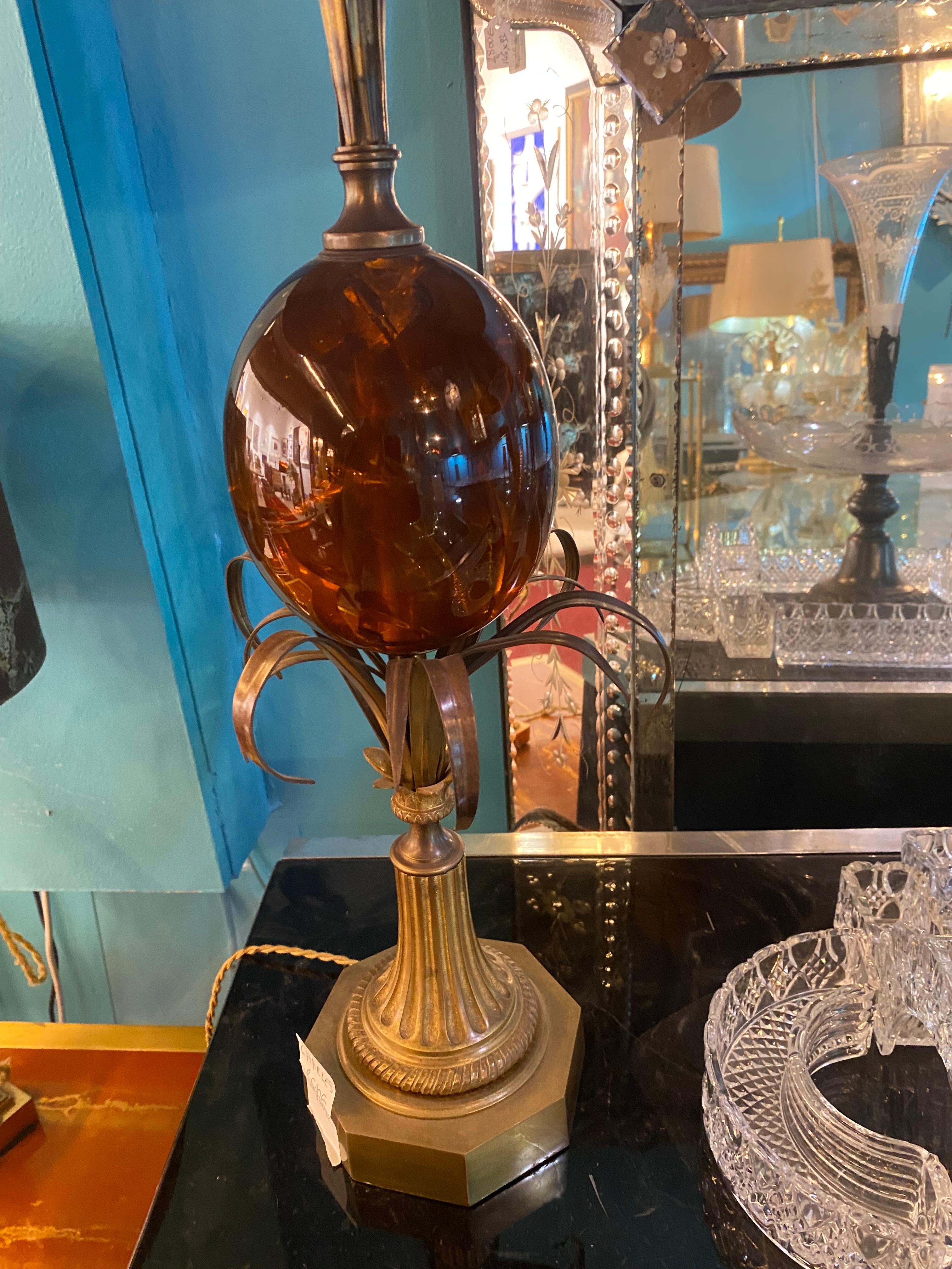 1950/70 Pair of Bronze Lamps and Egg Amber Way Signed Charles With Brass Shade For Sale 6