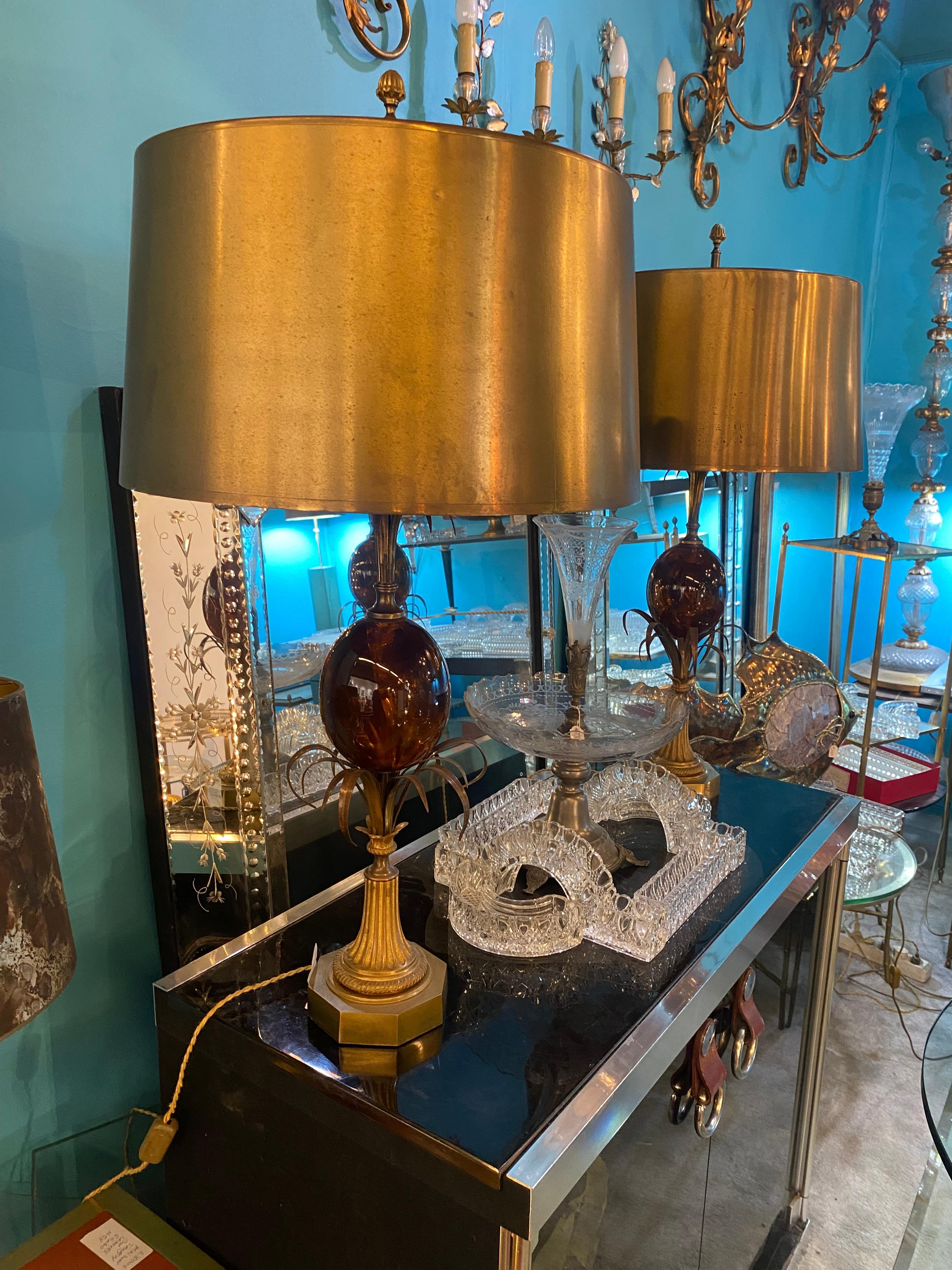 1950/70 Pair of Bronze Lamps and Egg Amber Way Signed Charles With Brass Shade For Sale 7