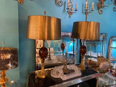 1950/70 Pair of Bronze Lamps and Egg Amber Way Signed Charles With Brass Shade