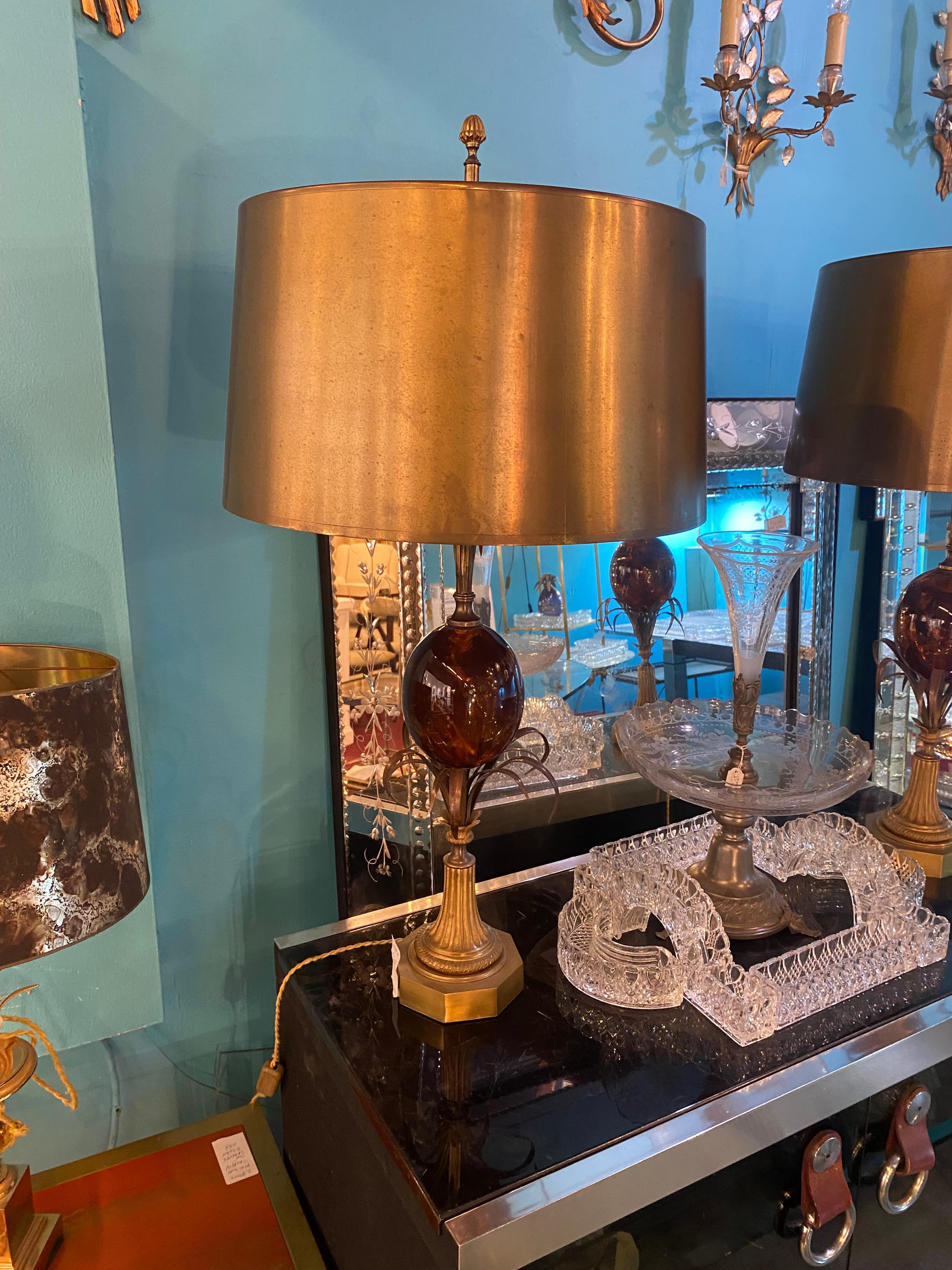 Neoclassical 1950/70 Pair of Bronze Lamps and Egg Amber Way Signed Charles With Brass Shade For Sale