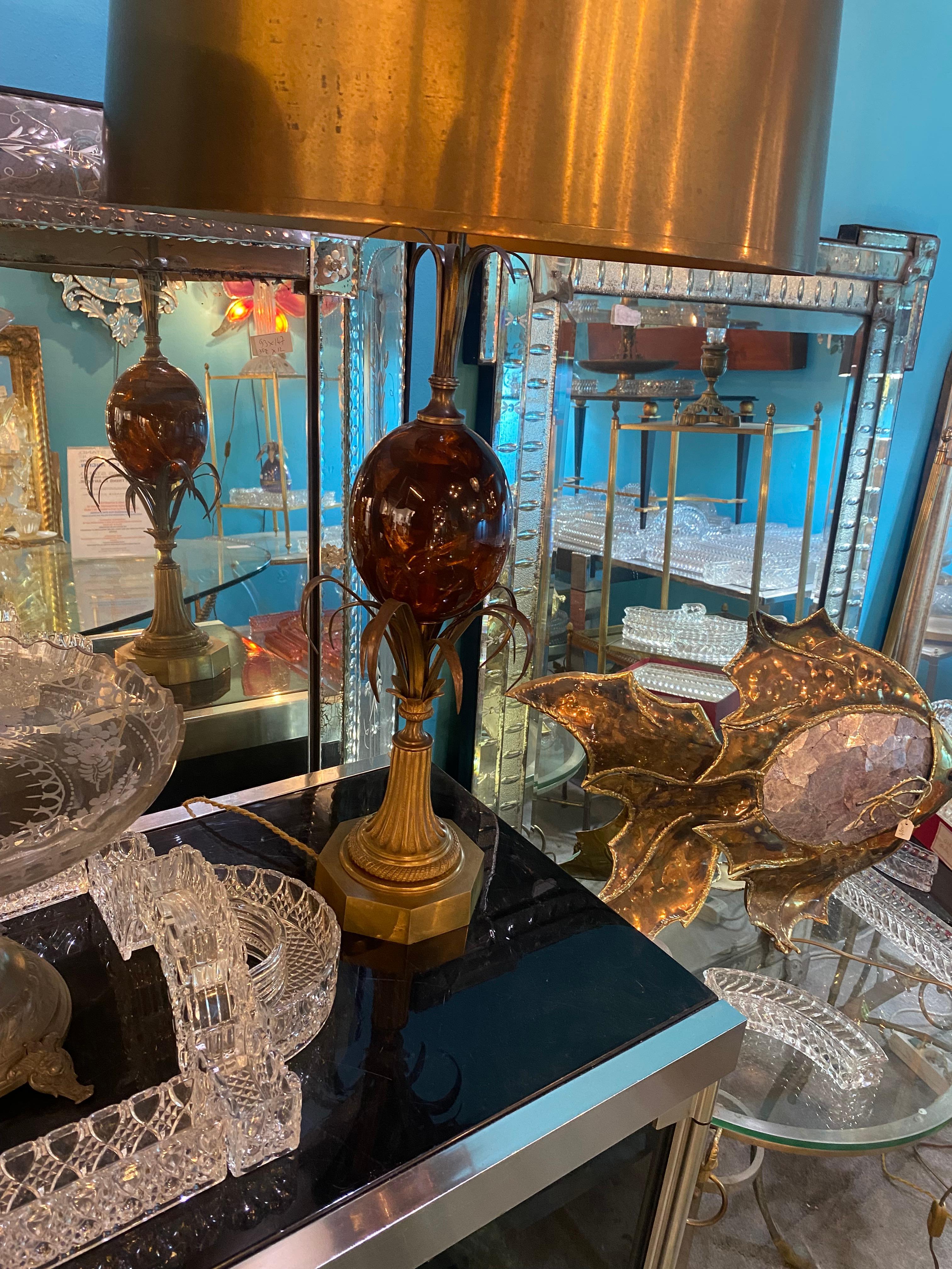 1950/70 Pair of Bronze Lamps and Egg Amber Way Signed Charles With Brass Shade In Good Condition For Sale In Paris, FR