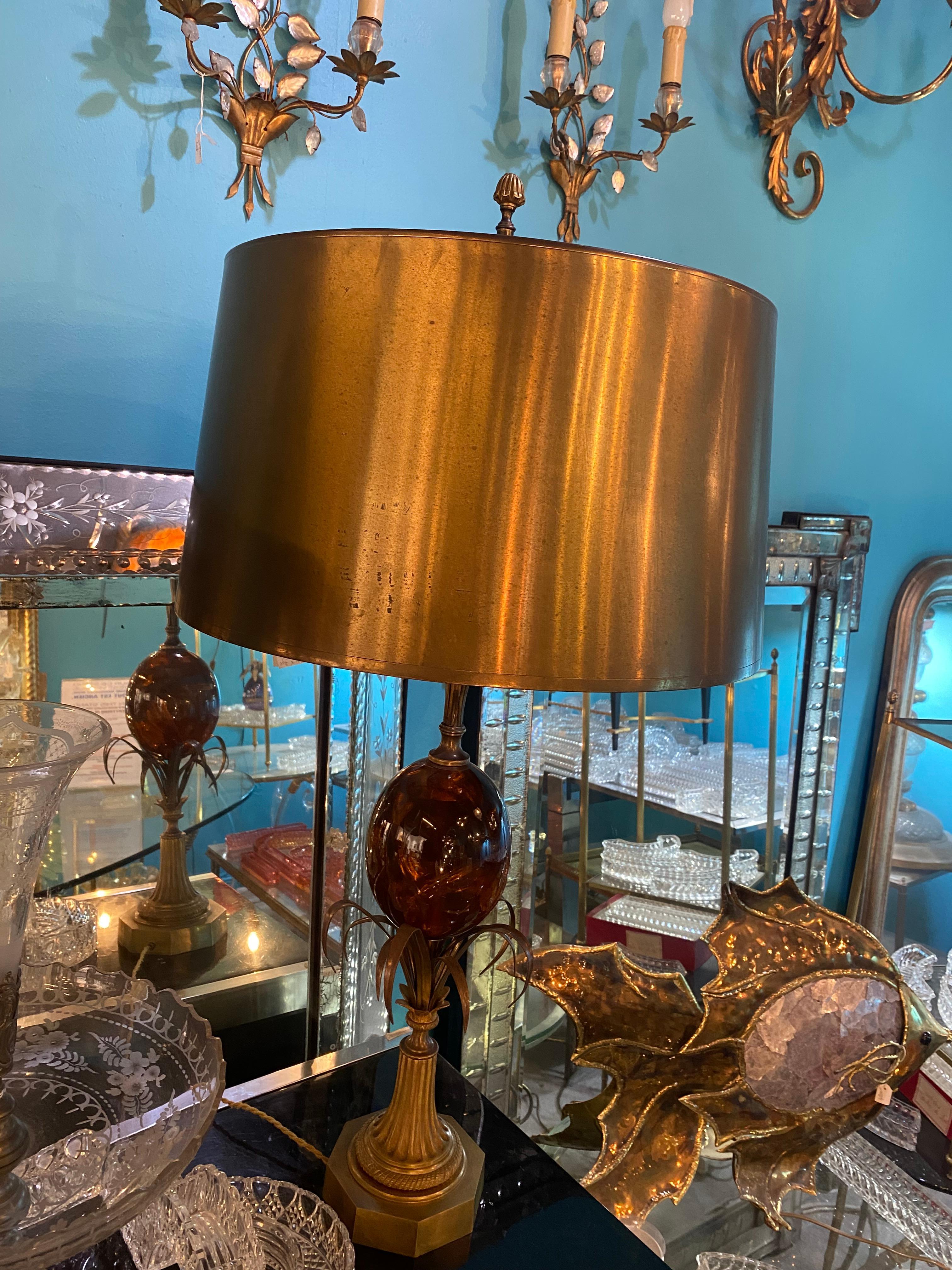 Late 20th Century 1950/70 Pair of Bronze Lamps and Egg Amber Way Signed Charles With Brass Shade For Sale
