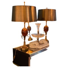Vintage 1950/70 Pair of Bronze Lamps and Egg Amber Way Signed Charles With Brass Shade