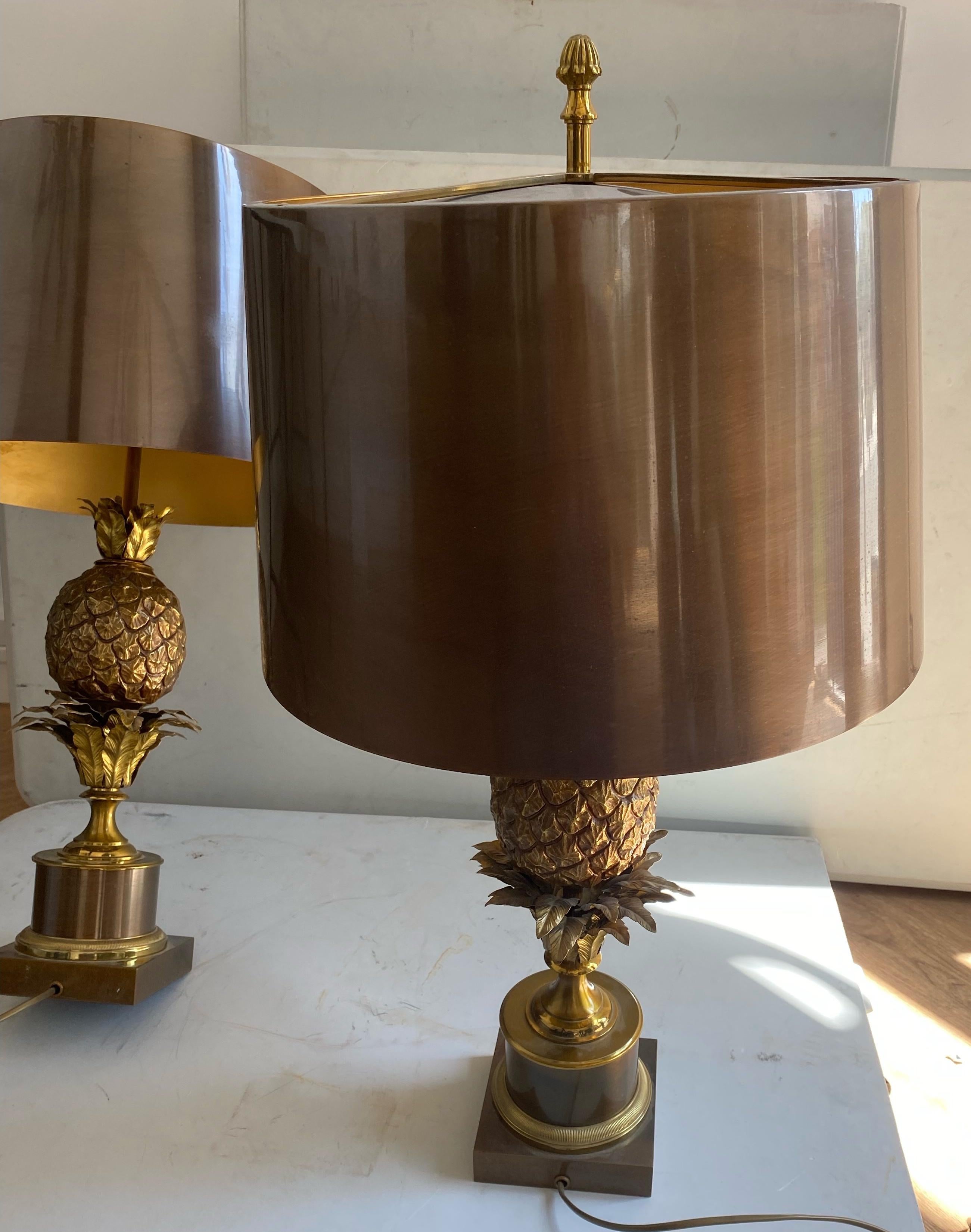 1950/70 Pair of Bronze Pineapple Lamps, Brass Lampshade, Signed Charles & Fils 7