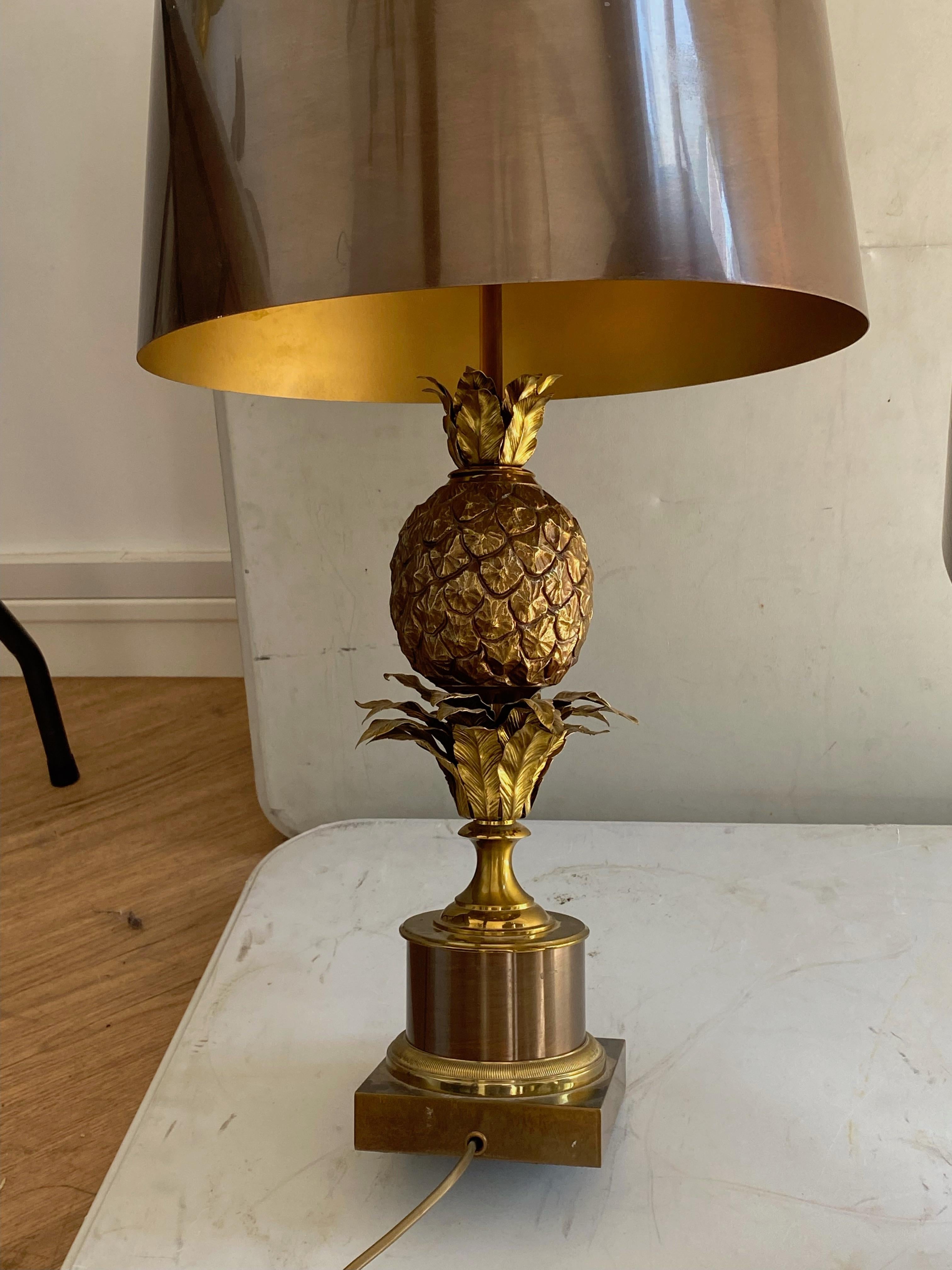 1950/70 Pair of Bronze Pineapple Lamps, Brass Lampshade, Signed Charles & Fils 8