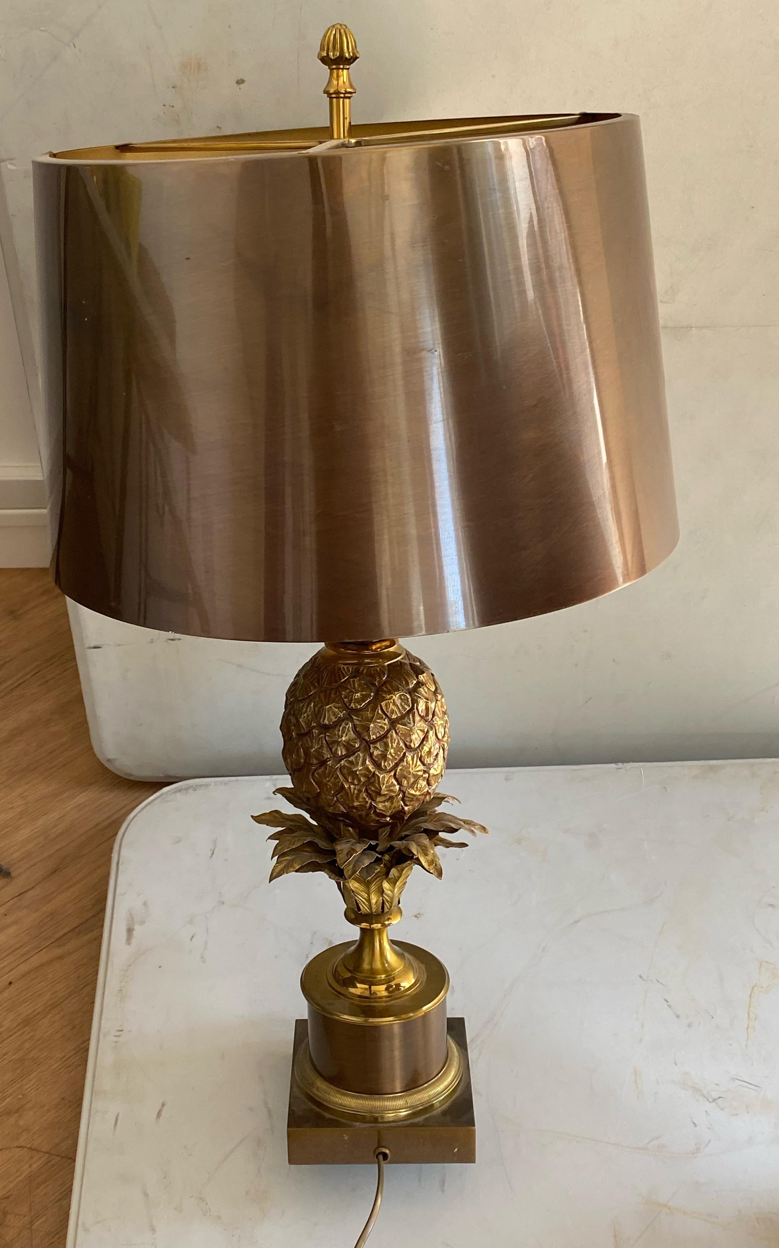 1950/70 Pair of Bronze Pineapple Lamps, Brass Lampshade, Signed Charles & Fils For Sale 9