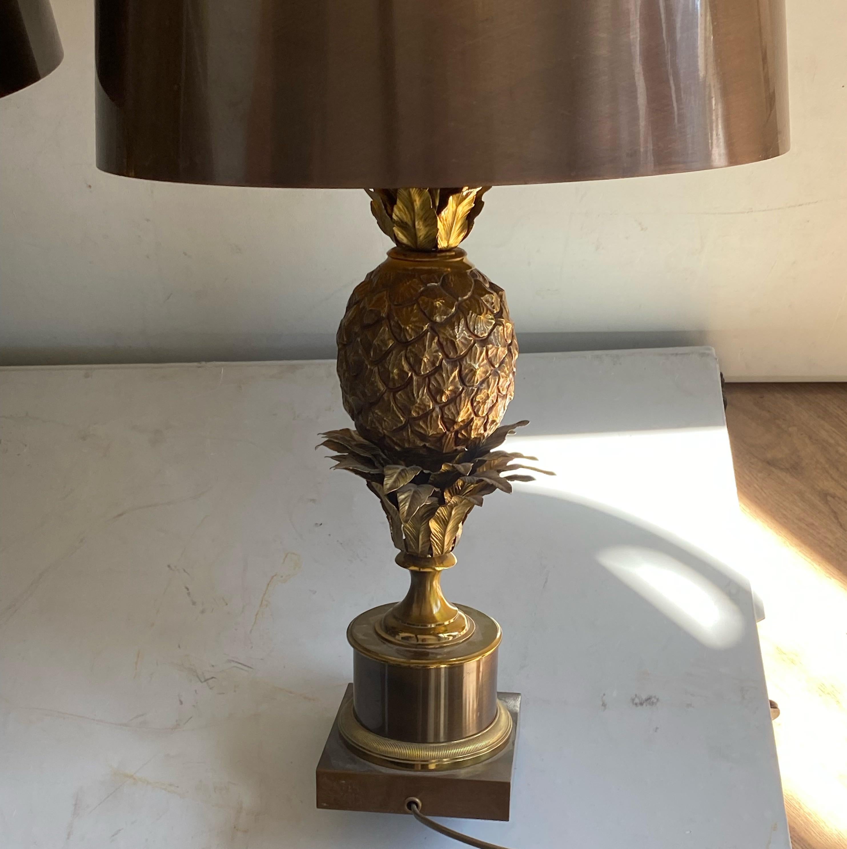 1950/70 Pair of Bronze Pineapple Lamps, Brass Lampshade, Signed Charles & Fils 11
