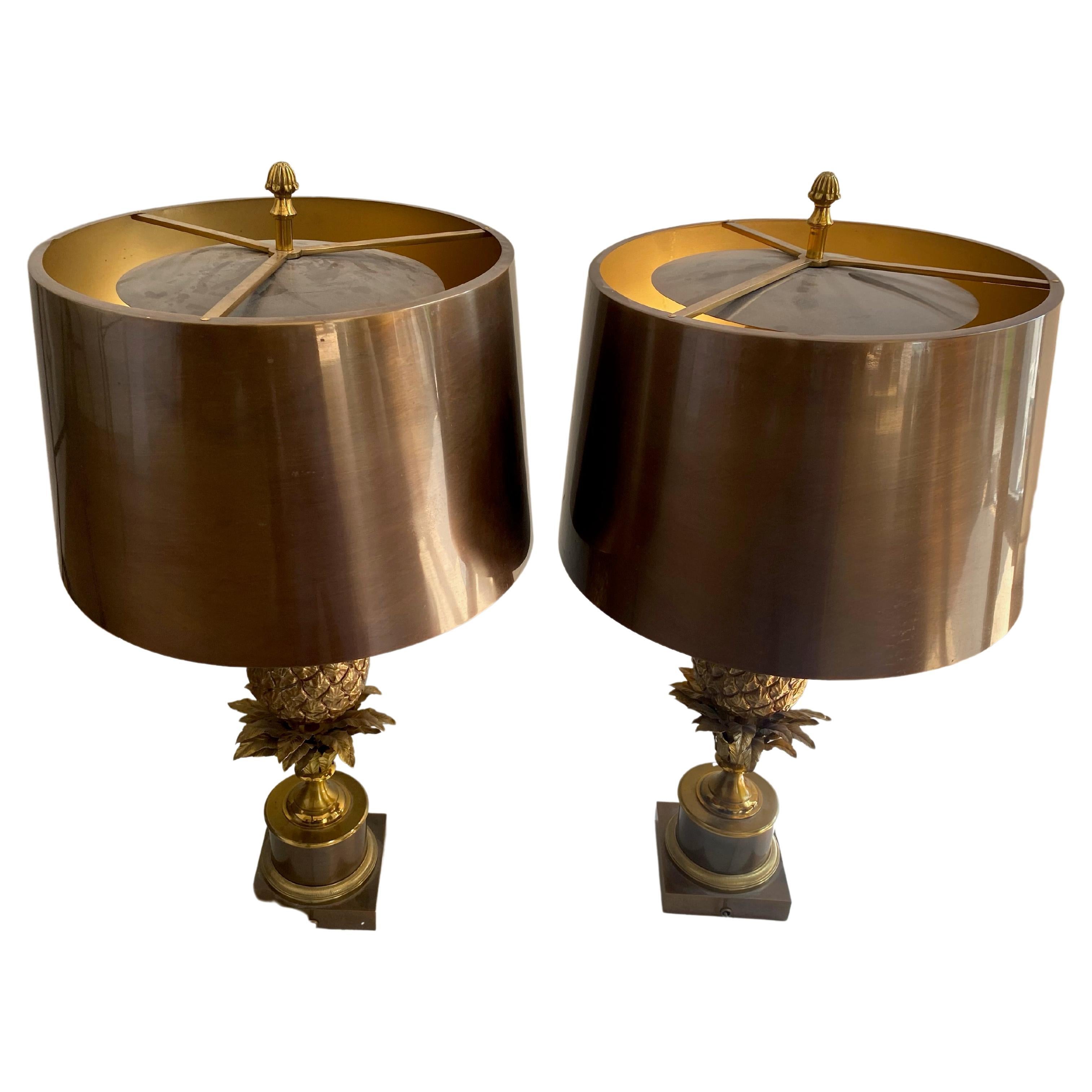 1950/70 Pair of Bronze Pineapple Lamps, Brass Lampshade, Signed Charles & Fils For Sale