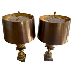 1950/70 Pair of Bronze Pineapple Lamps, Brass Lampshade, Signed Charles & Fils