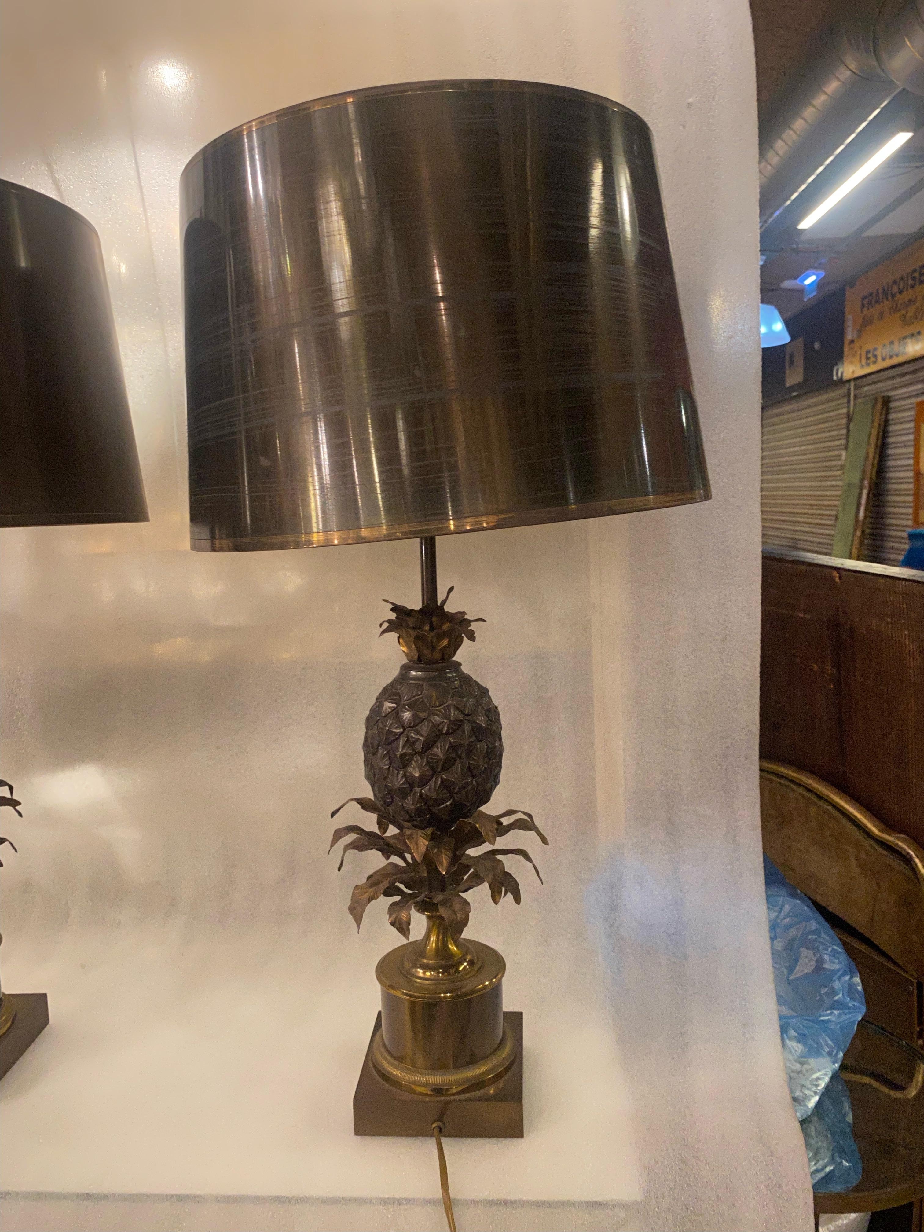 1950/70 Pair of Bronze Pineapple Lamps or Similar, Brass Shade, Signed Charles For Sale 3