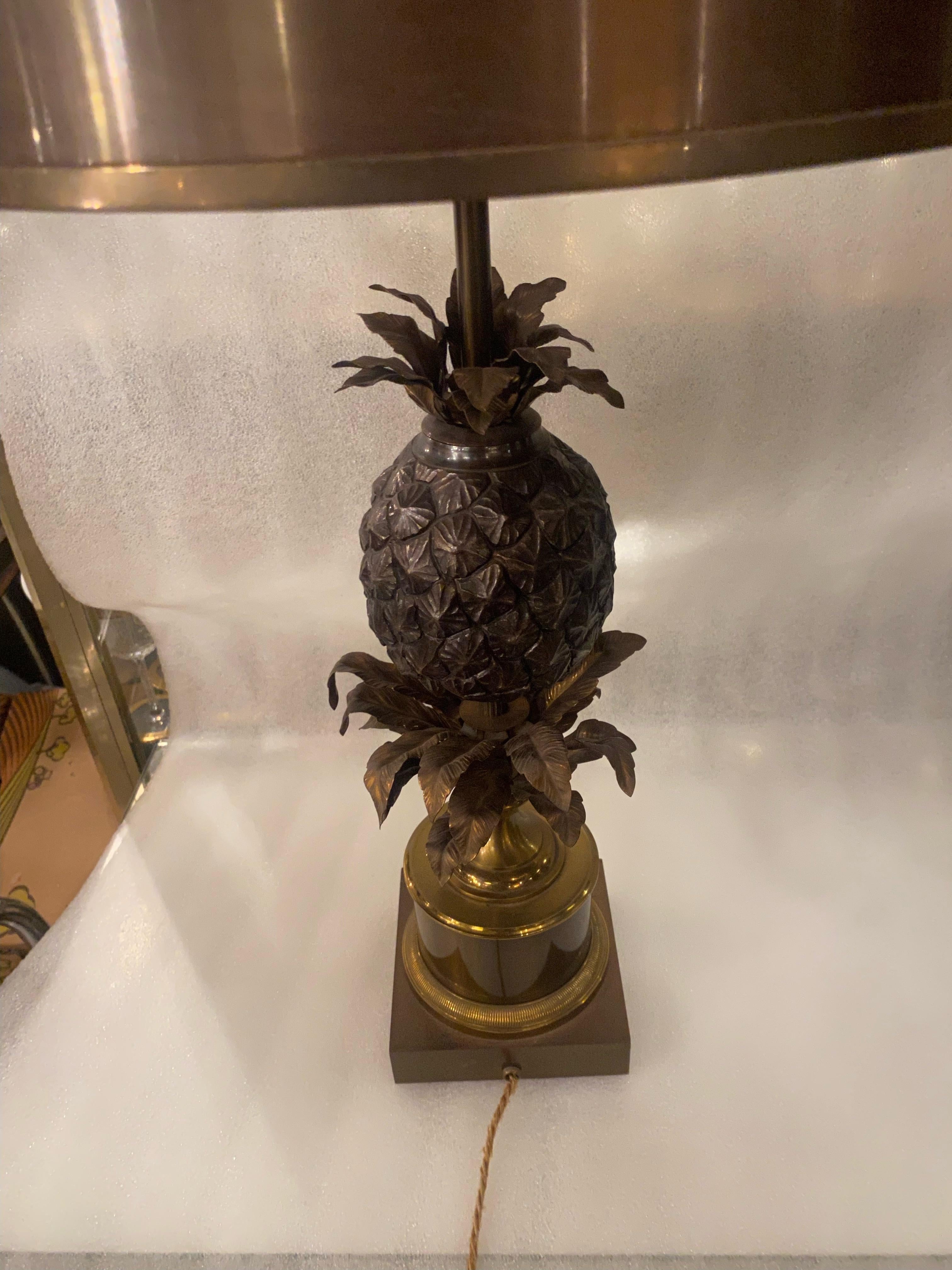 1950/70 Pair of Bronze Pineapple Lamps or Similar, Brass Shade, Signed Charles For Sale 7