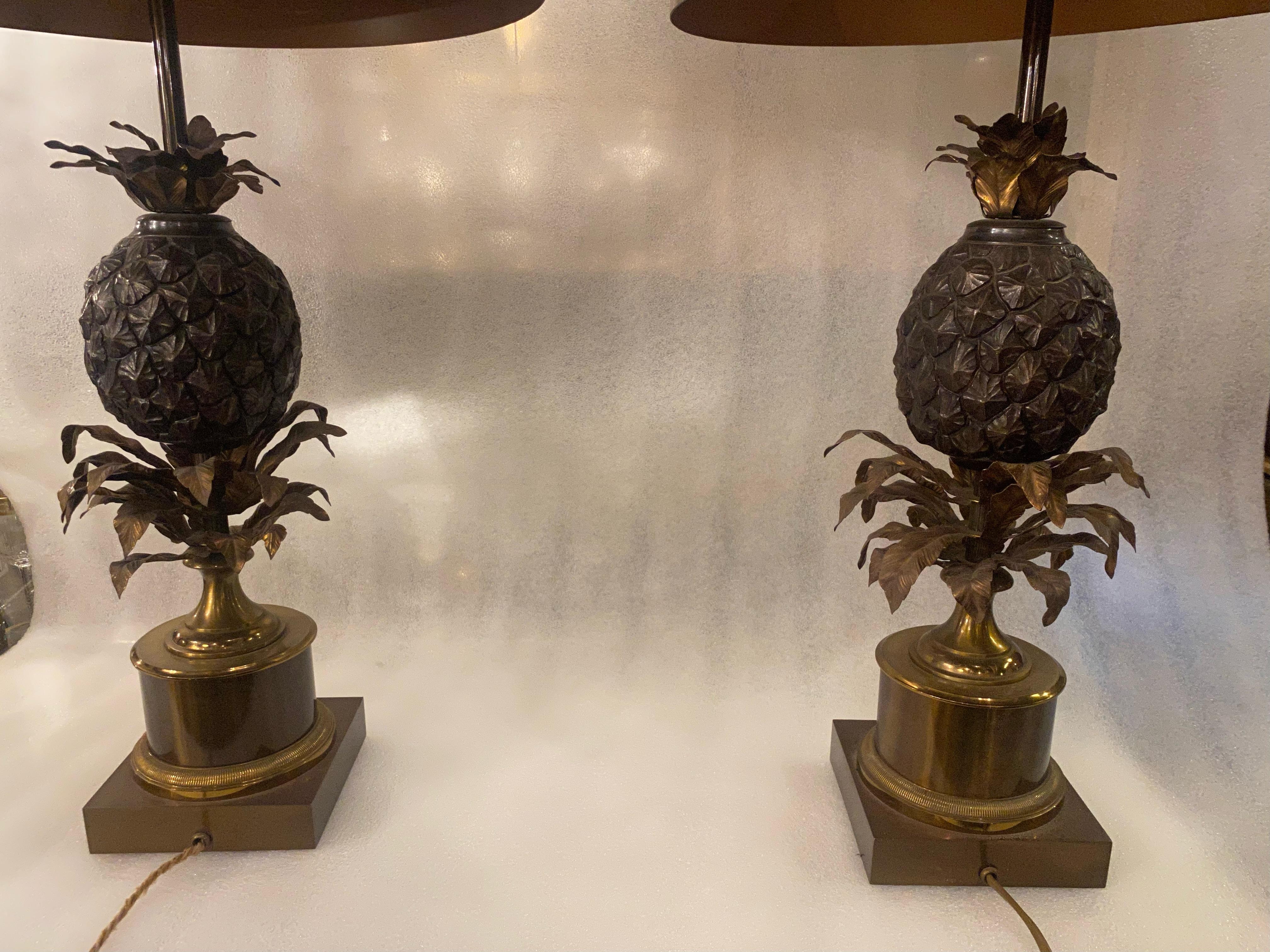 1950/70 Pair of Bronze Pineapple Lamps or Similar, Brass Shade, Signed Charles For Sale 11
