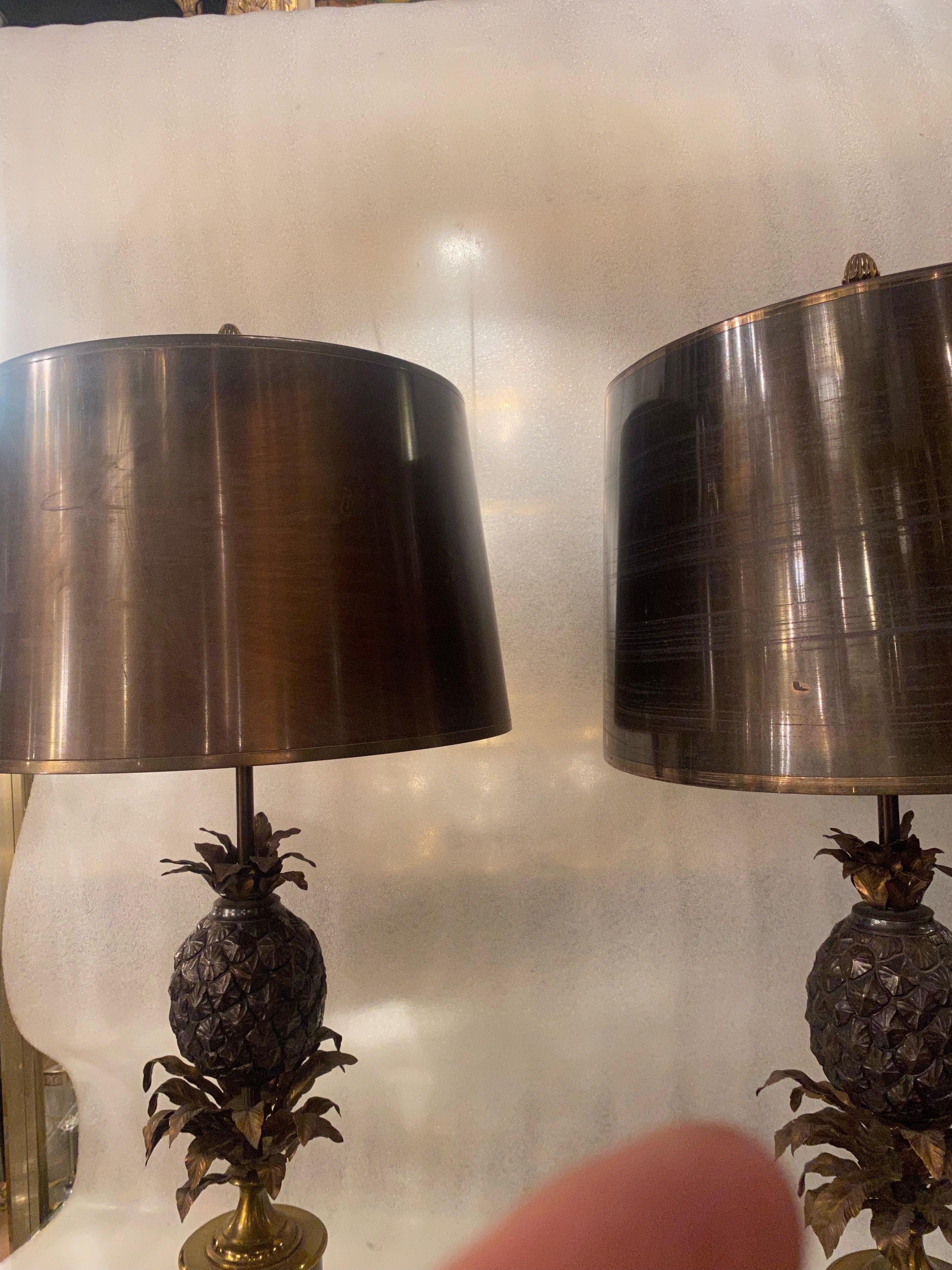1950/70 Pair of Bronze Pineapple Lamps or Similar, Brass Shade, Signed Charles For Sale 12