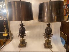 1950/70 Pair of Bronze Pineapple Lamps or Similar, Brass Shade, Signed Charles