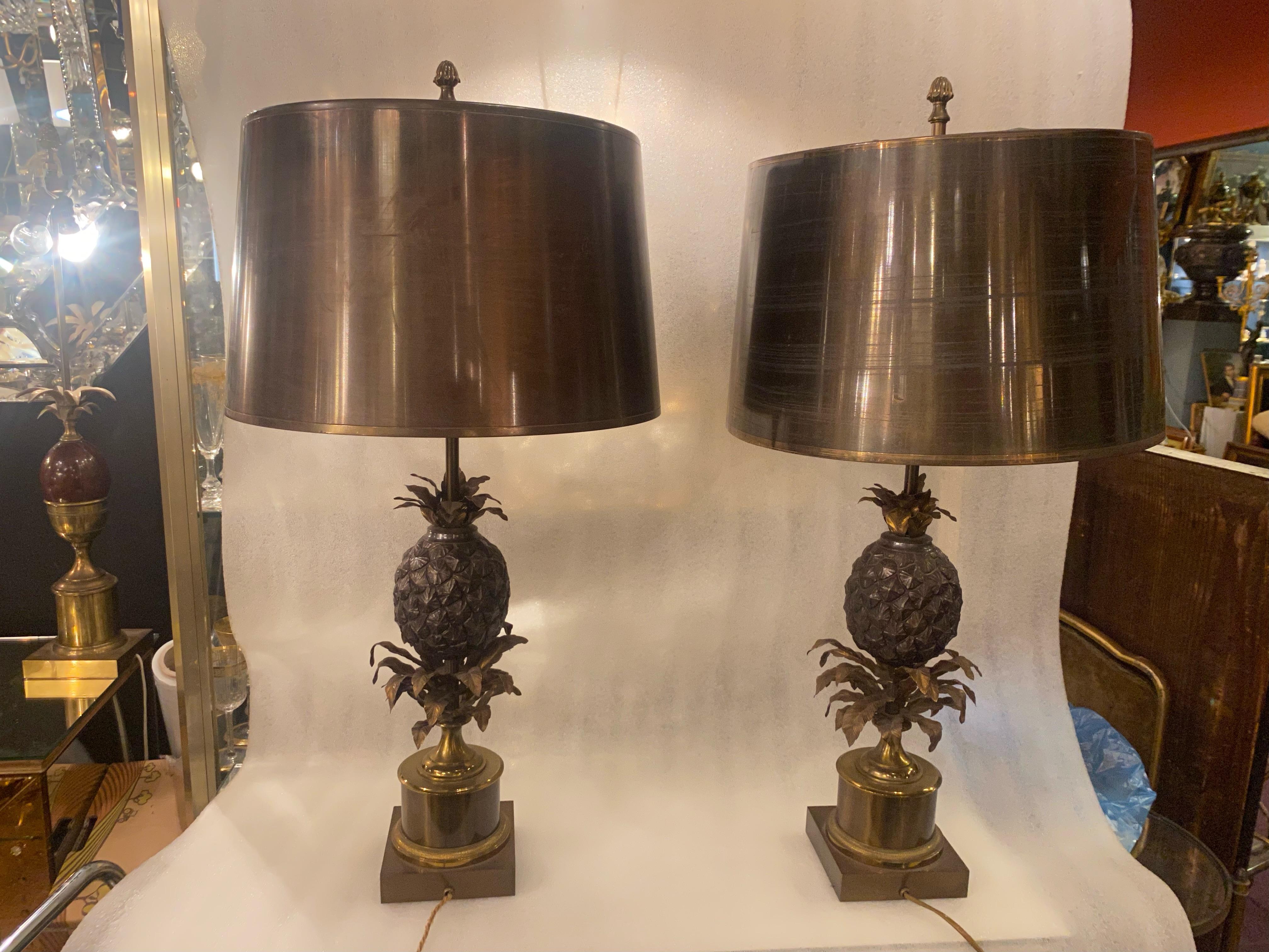 Neoclassical 1950/70 Pair of Bronze Pineapple Lamps or Similar, Brass Shade, Signed Charles For Sale