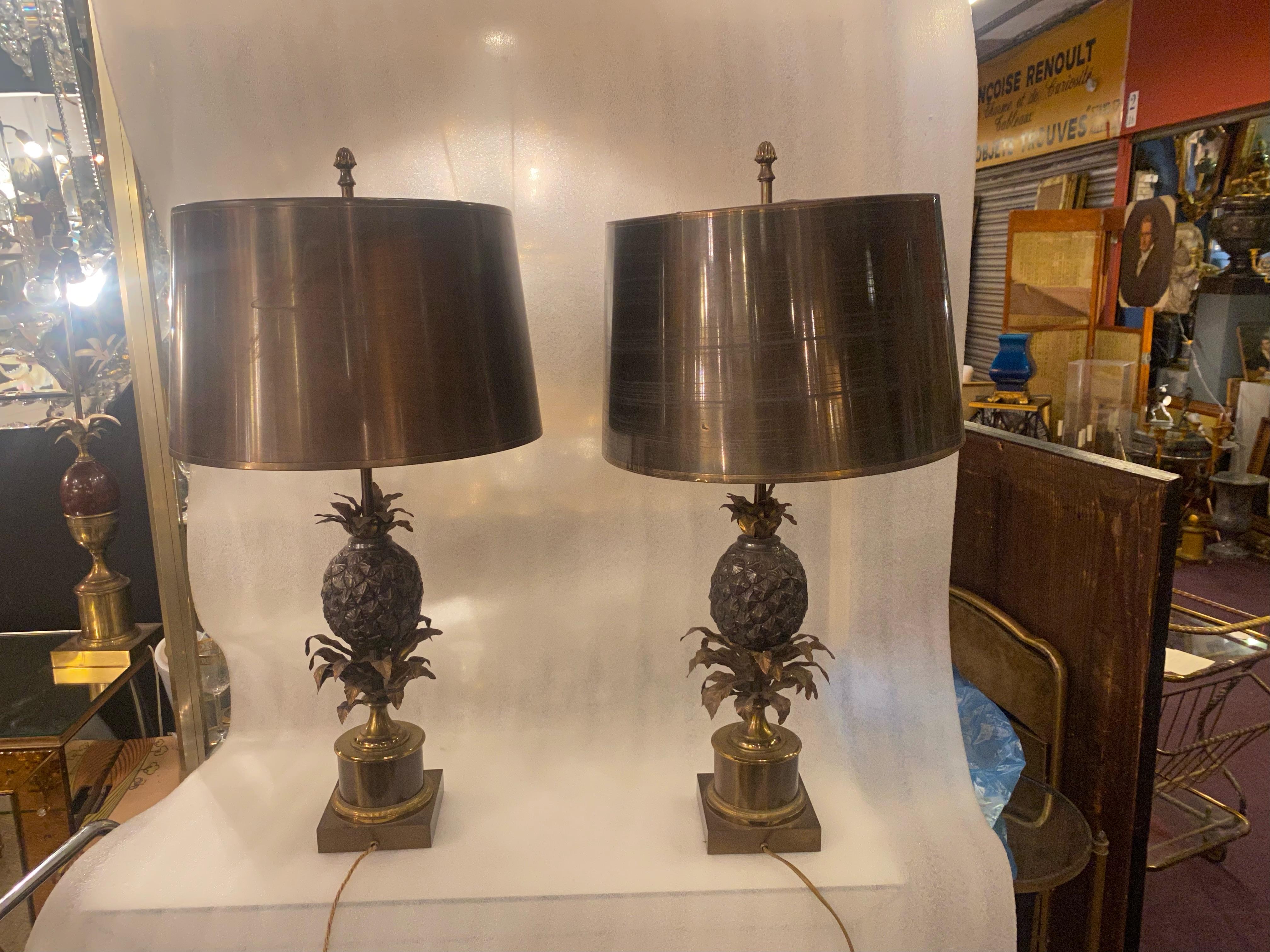 French 1950/70 Pair of Bronze Pineapple Lamps or Similar, Brass Shade, Signed Charles For Sale