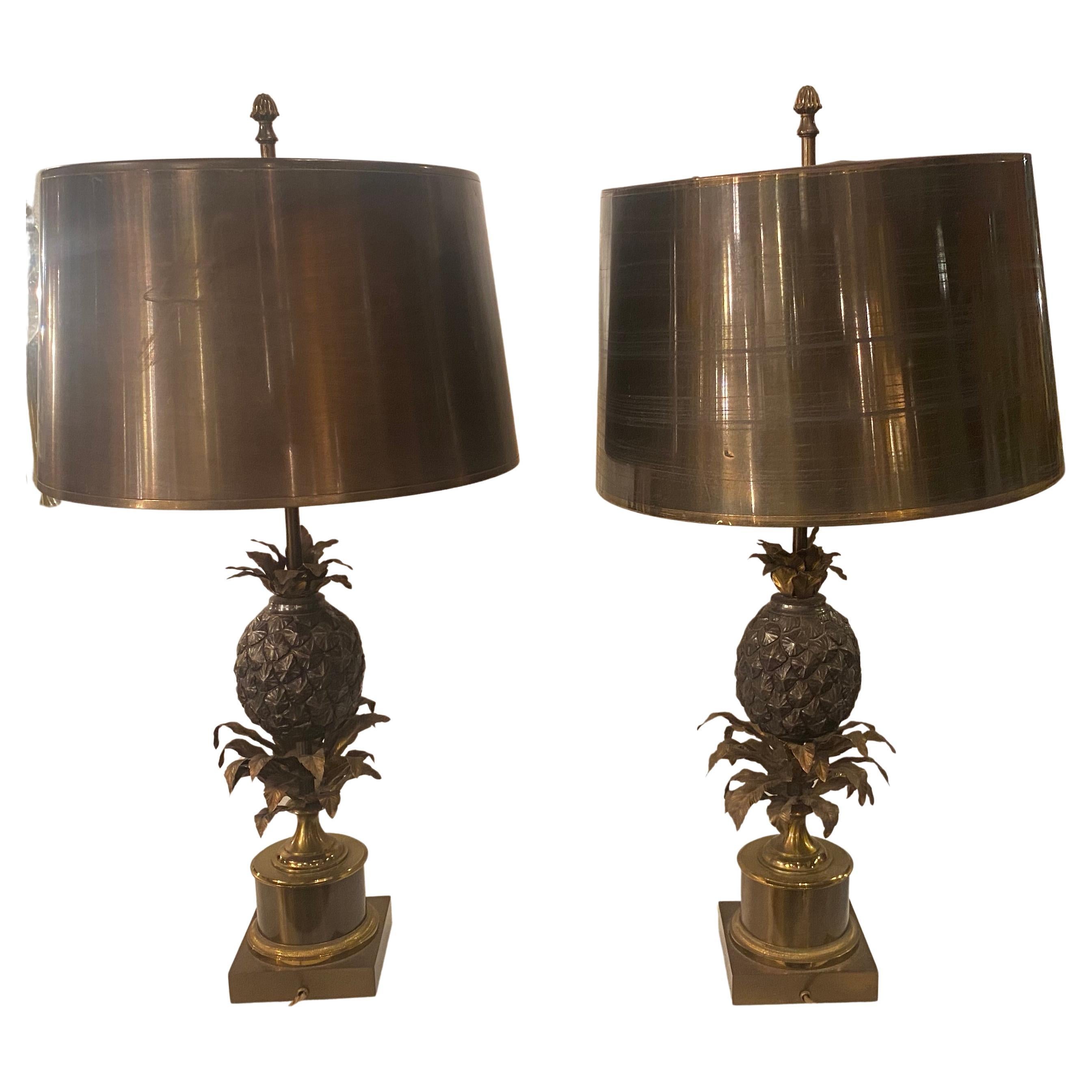 1950/70 Pair of Bronze Pineapple Lamps or Similar, Brass Shade, Signed Charles For Sale