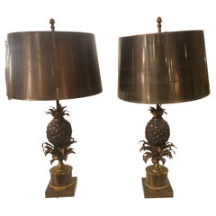 1950/70 Pair of Bronze Pineapple Lamps or Similar, Brass Shade, Signed Charles