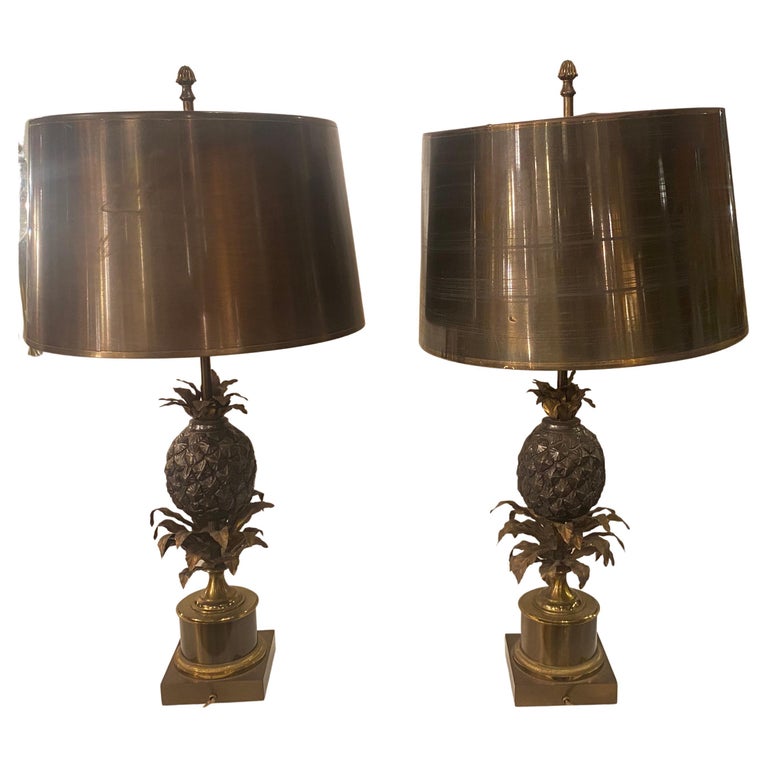 1950/70 Pair of Bronze Pineapple Lamps or Similar, Brass Shade, Signed  Charles For Sale at 1stDibs