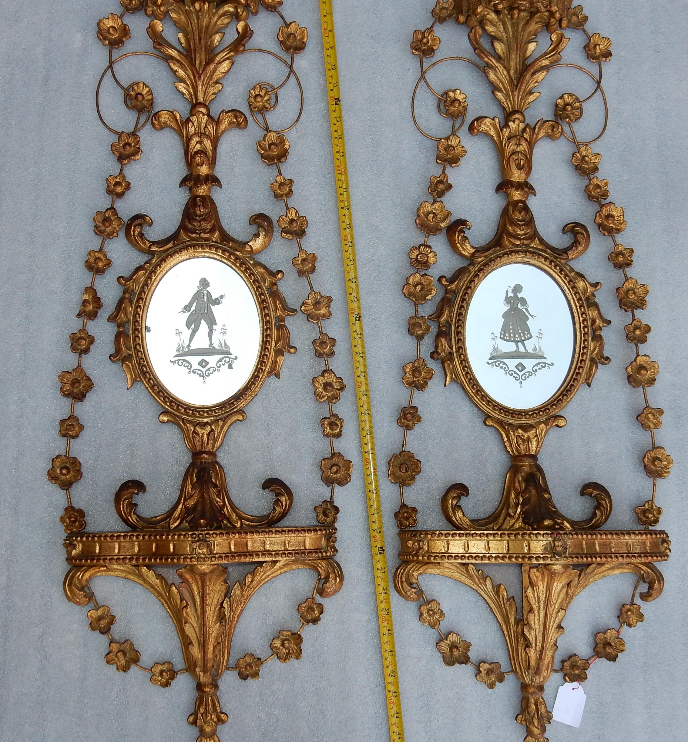 Pair of Golden Wood Wall Lamps Romantic Venice Console, Garlands, Mirrors 4