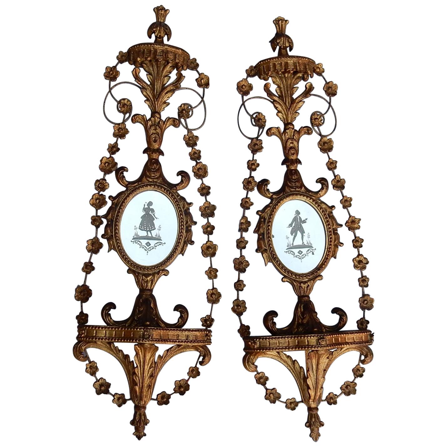 Pair of Golden Wood Wall Lamps Romantic Venice Console, Garlands, Mirrors