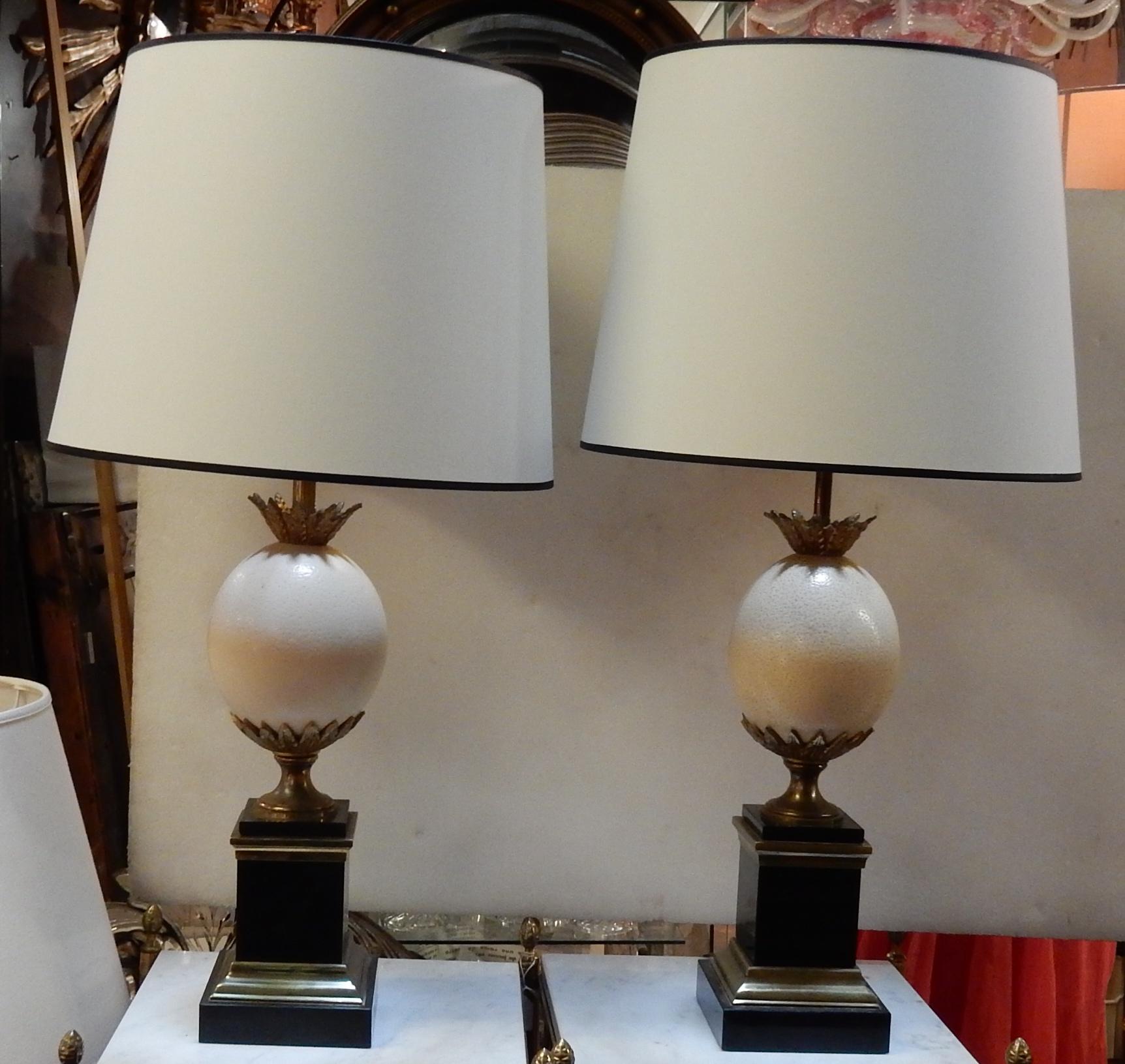 Mid-20th Century 1950-1970 Pair of Lamps Black Marble and Ostrich Egg in Maison Jansen Style For Sale