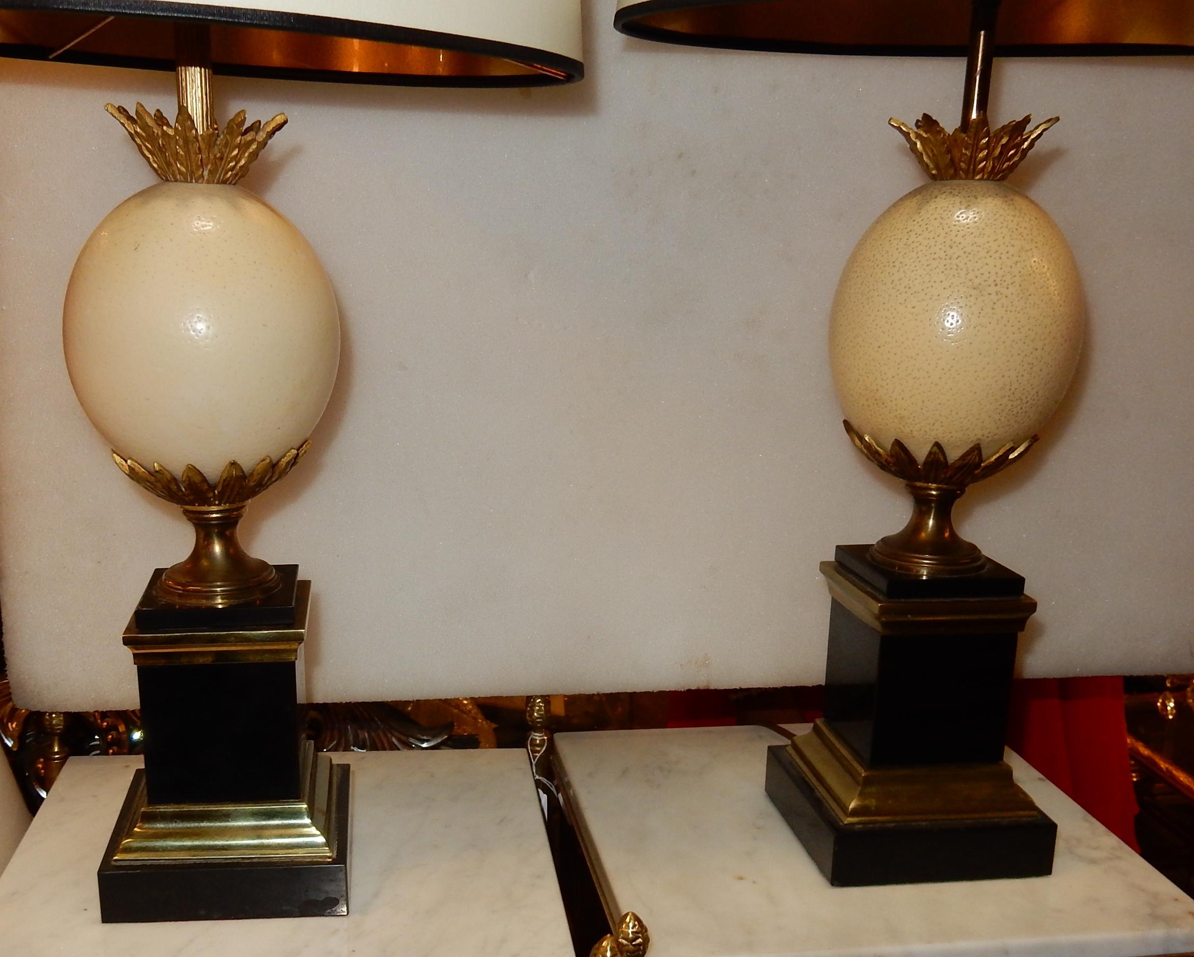 French 1950-1970 Pair of Lamps Black Marble and Ostrich Egg in Maison Jansen Style For Sale