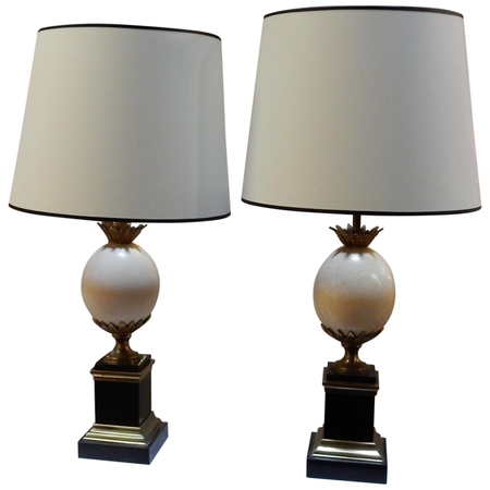 1950-1970 Pair of Lamps Black Marble and Ostrich Egg in Maison Jansen Style