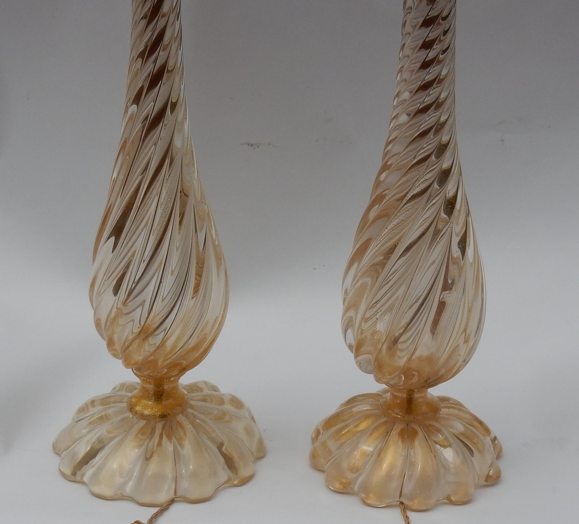 Pair of Lamps in Murano Glass with Gold Inside Seguso Di Murano Signed 3