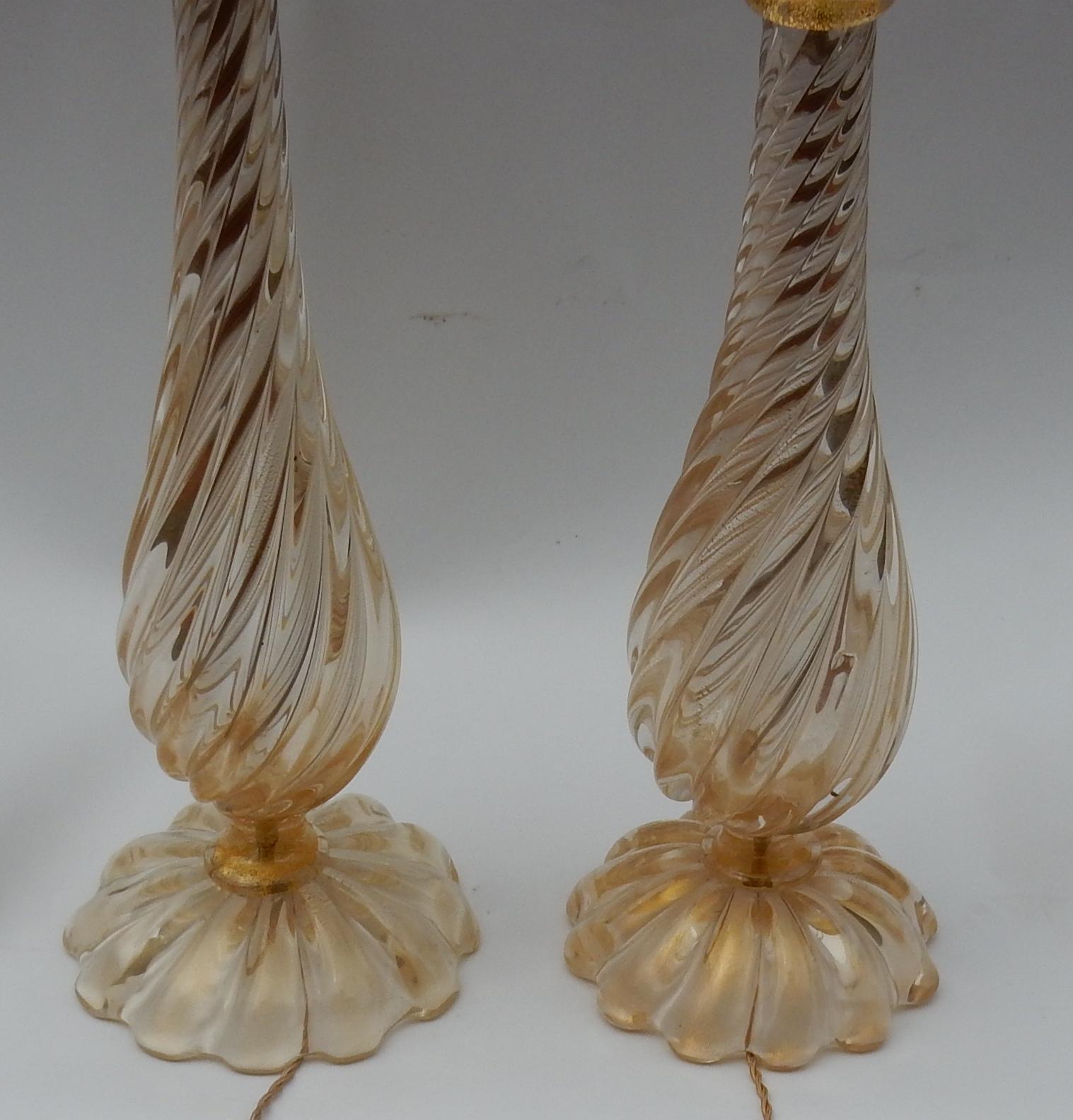 Late 20th Century Pair of Lamps in Murano Glass with Gold Inside Seguso Di Murano Signed