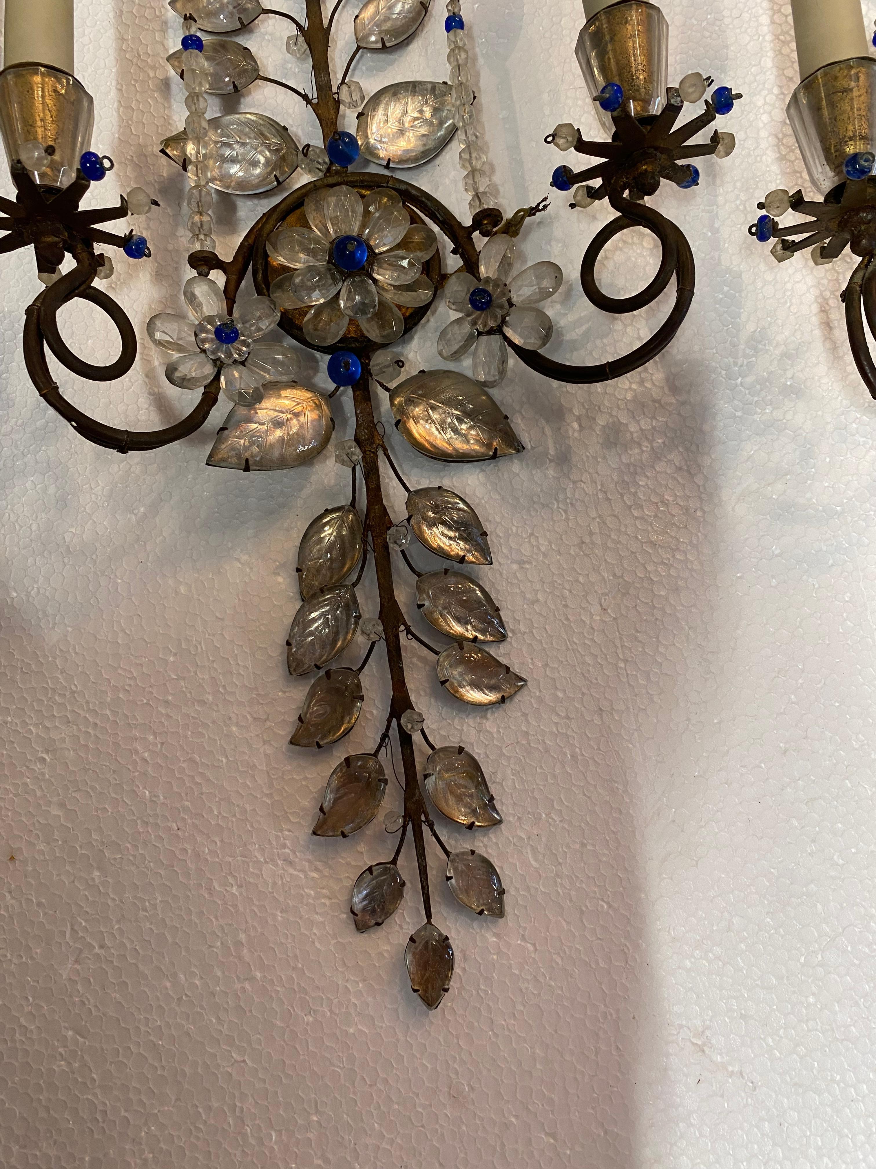 French 1950/70′ Pair of Maison Baguès Daisy Sconces H 57 cm With Blue Glass Beads For Sale