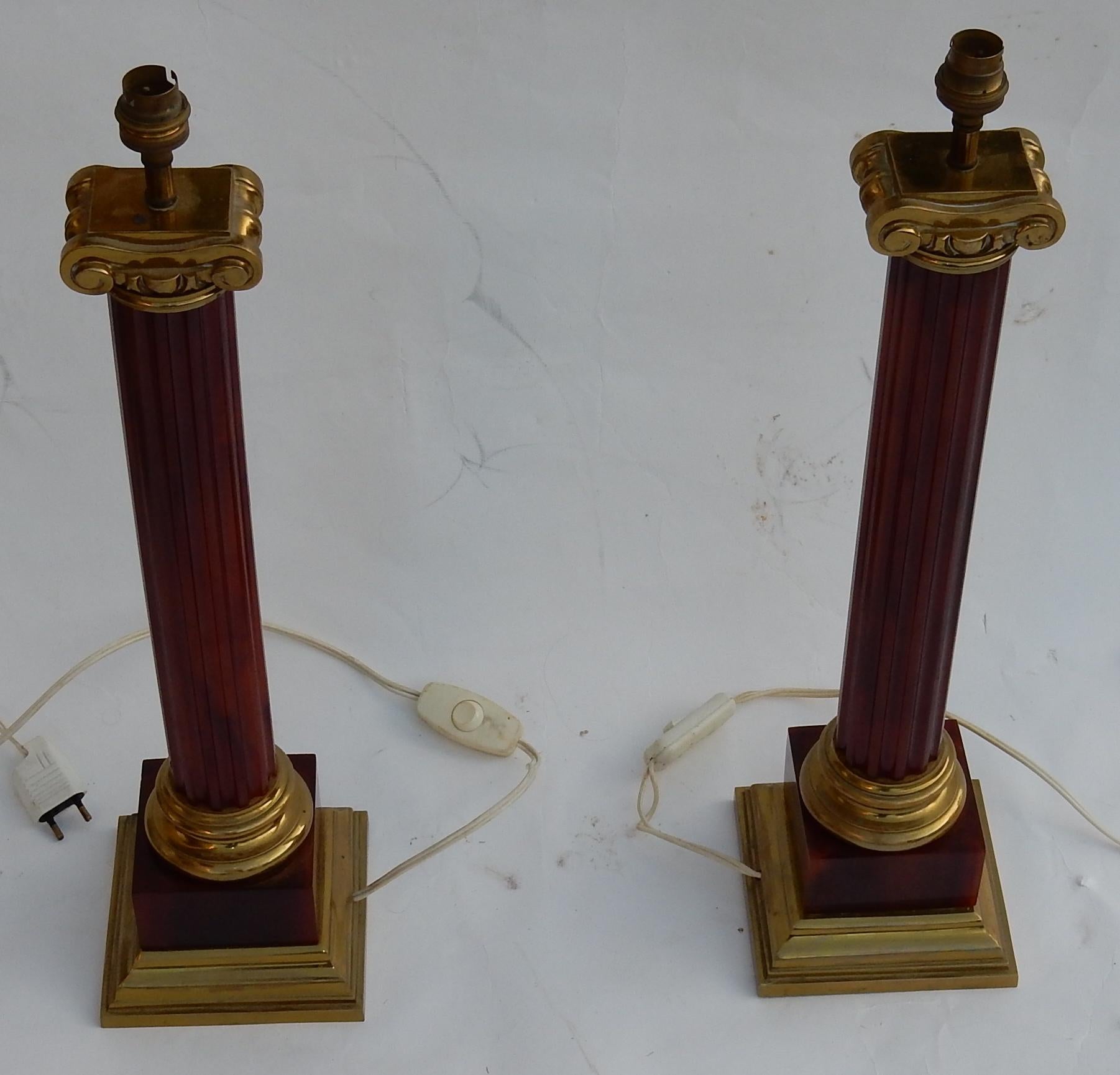 1950-1970 Pair of Maison Jansen Lamps, Gilt Bronze and Bakelite, Amber Color For Sale 4