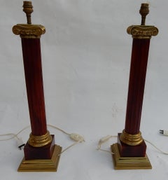 1950-1970 Pair of Maison Jansen Lamps, Gilt Bronze and Bakelite, Amber Color